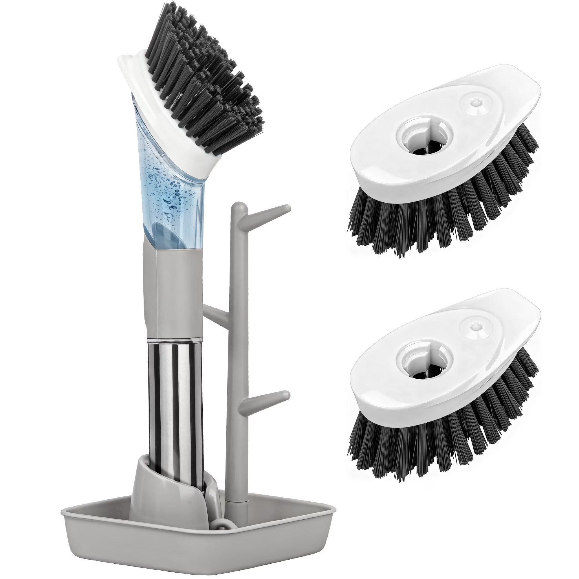 HUGERSTONE Reinigungsbürste Spülbürste mit Spülmittelspender, Multifunktional Küchenbürste Set, für Teller, Gläser, Besteck und Töpfe, (Set, 4-tlg, 1 x Spülbürste + 1 x Ständer + 3 x Bürstenköpfe), Spülbürste mit Wechselkopf und Lagerregal