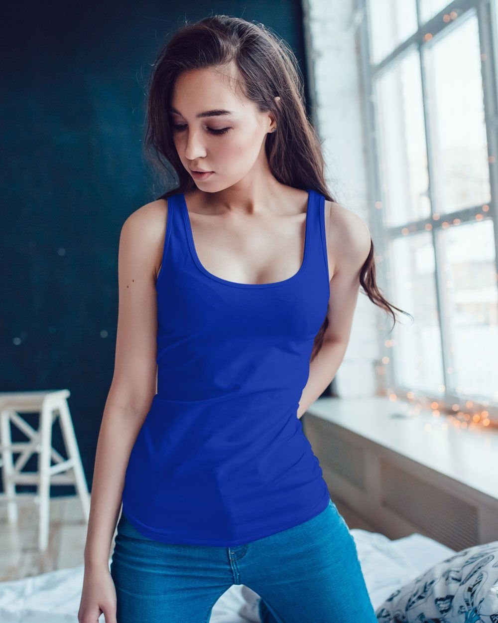 Baumwolle Print-Shirt Damen Neverless® Print unifarben mit blau Racerback Tank-Top Neverless