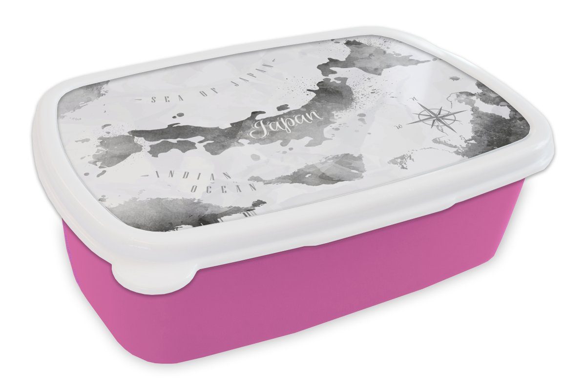 MuchoWow Lunchbox Karte - Japan - Ölfarbe, Kunststoff, (2-tlg), Brotbox für Erwachsene, Brotdose Kinder, Snackbox, Mädchen, Kunststoff rosa
