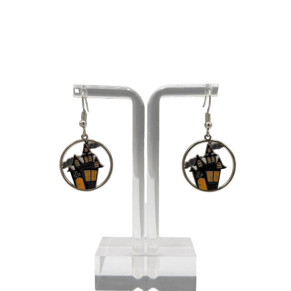 Eyecatcher Ohrring und Ketten Set Halloween Fasching Geisterhaus Design schwarz orange silberfarben (Halskette)