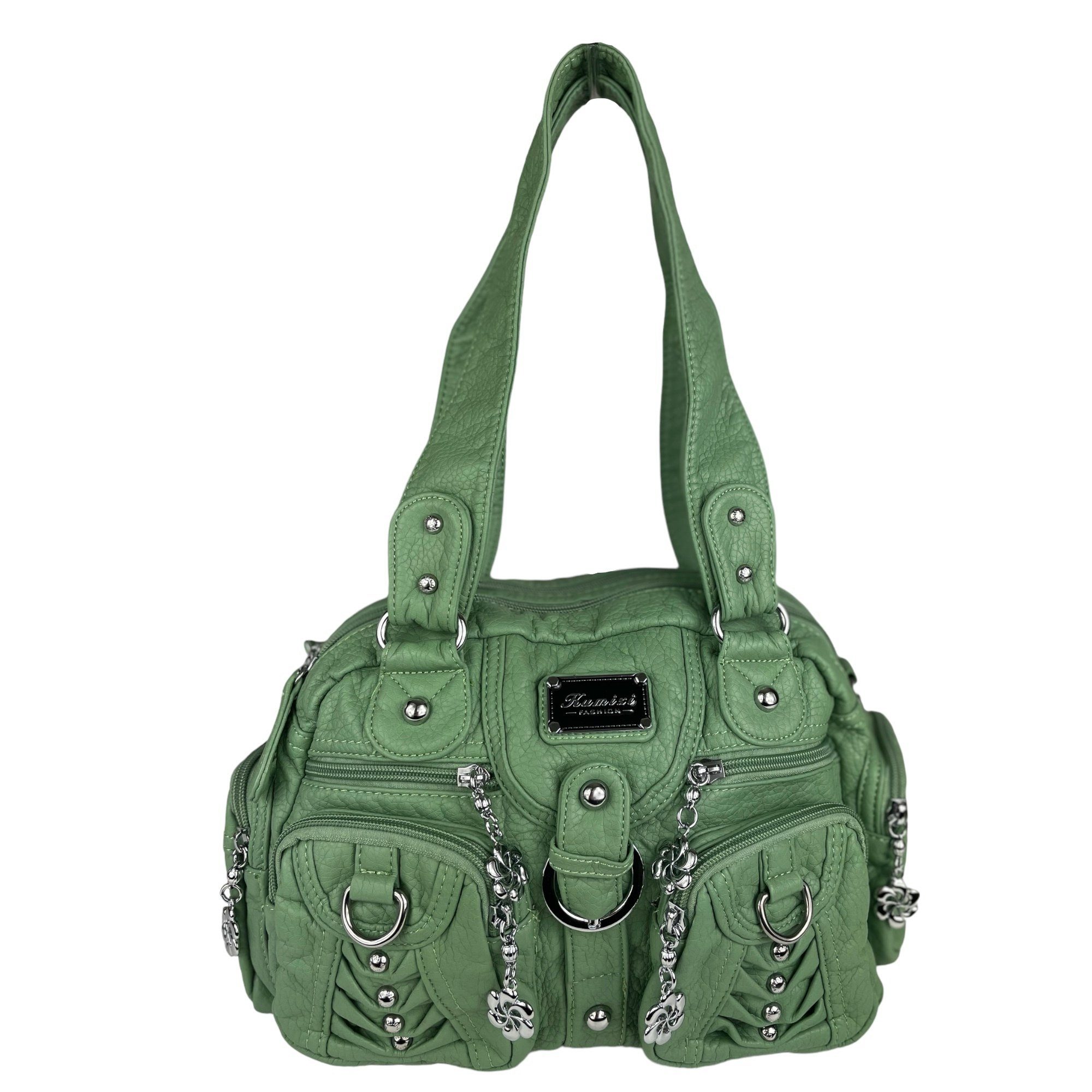 Taschen4life Schultertasche klassische Damen Handtasche (Schultertasche) mit Nieten AKW22032, viele Fächer, verstellbarer abnehmbarer Schulterriemen lindgrün