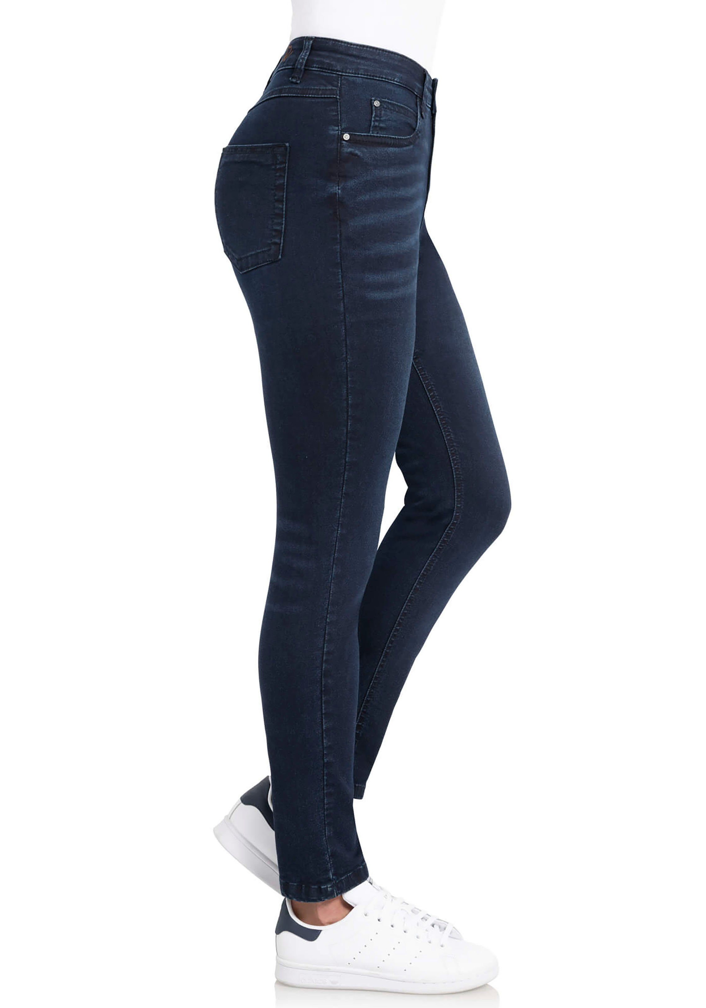 wonderjeans High-waist-Jeans High Waist WH72 Hoch geschnitten mit leicht verkürztem Bein dark blue used