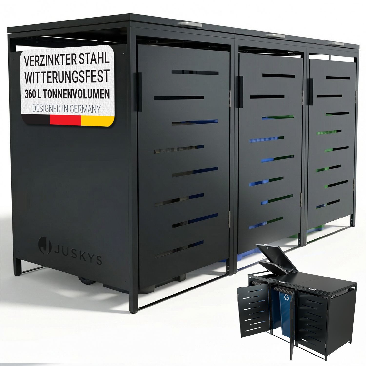 Juskys Mülltonnenbox Arel, 3er Metall Müllbox mit Dach, 120, 240 Tonne, modern