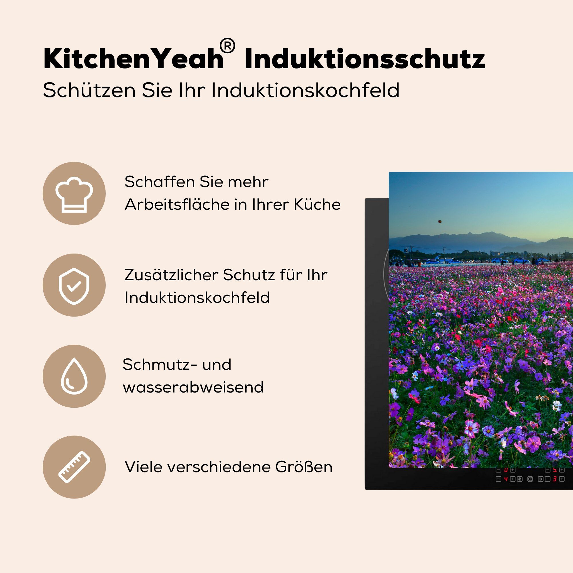 Vinyl, tlg), - cm, 81x52 Herdblende-/Abdeckplatte Lila Schutz die küche, (1 Sonnenuntergang, Ceranfeldabdeckung Blumen MuchoWow Induktionskochfeld für -