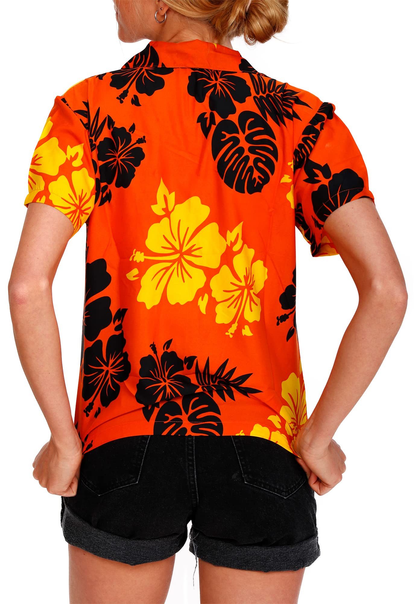 King Kameha Hawaiihemd Mono Hibiscus Funky Hawaiibluse Damen Kurzarm Front-Tasche Stylish