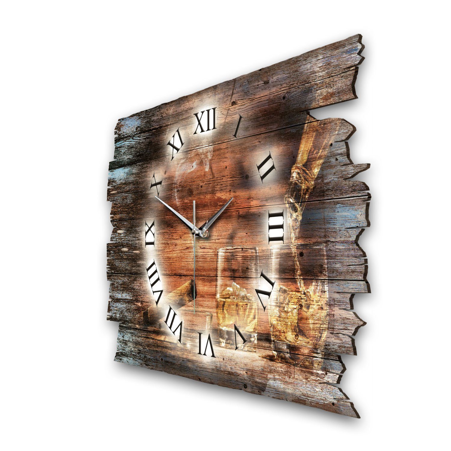 Kreative Feder Funkwanduhr Design-Wanduhr „Whisky & Zigarre“ aus Holz (ohne Ticken; flüsterleises Uhrwerk; außergewöhnlich, modern)