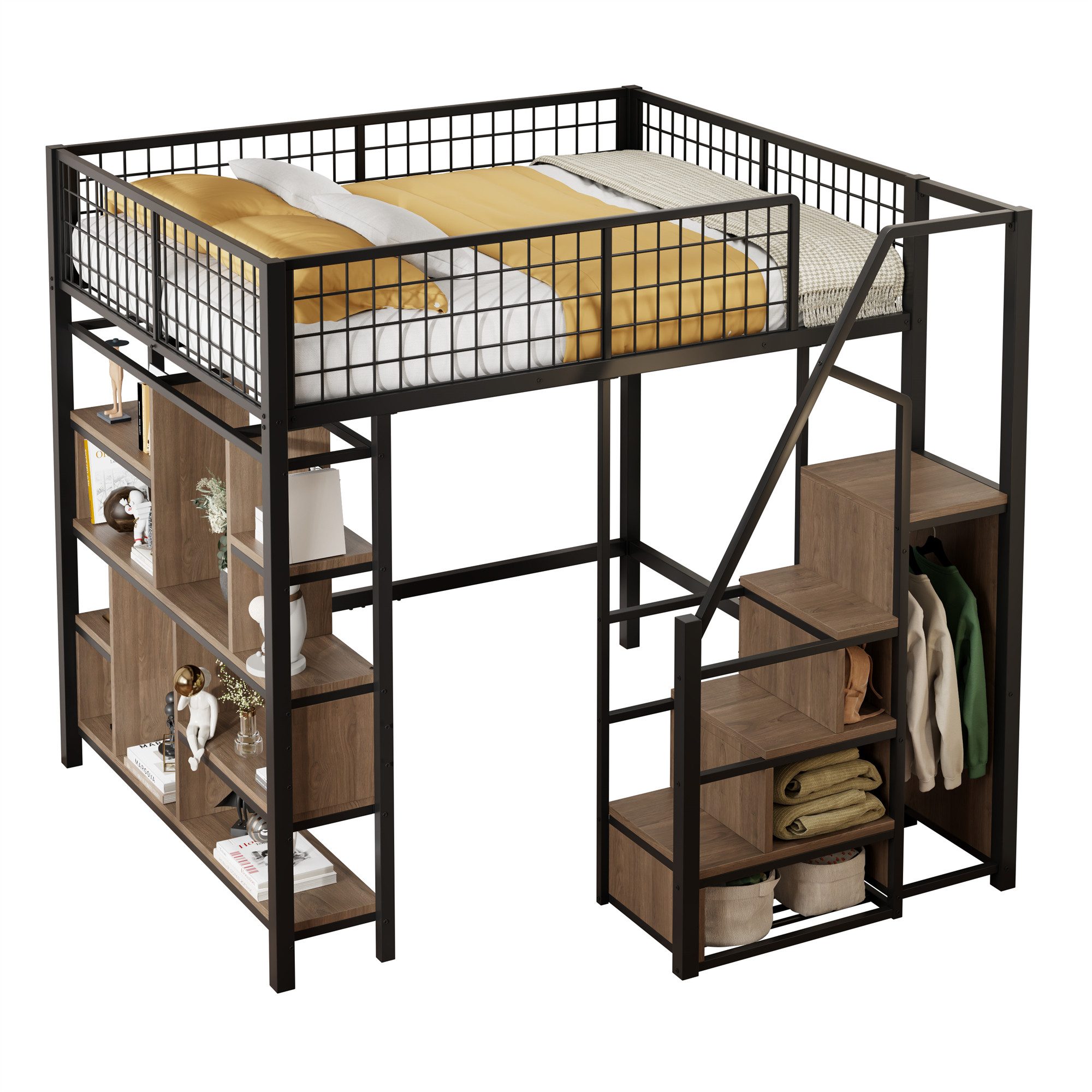 ANYSUN Hochbett Hochbett 140 x 200 cm (2 Set, mit Leiter und Schubladen) Metallbett mit Stauraum, Ablageflächen und Treppe