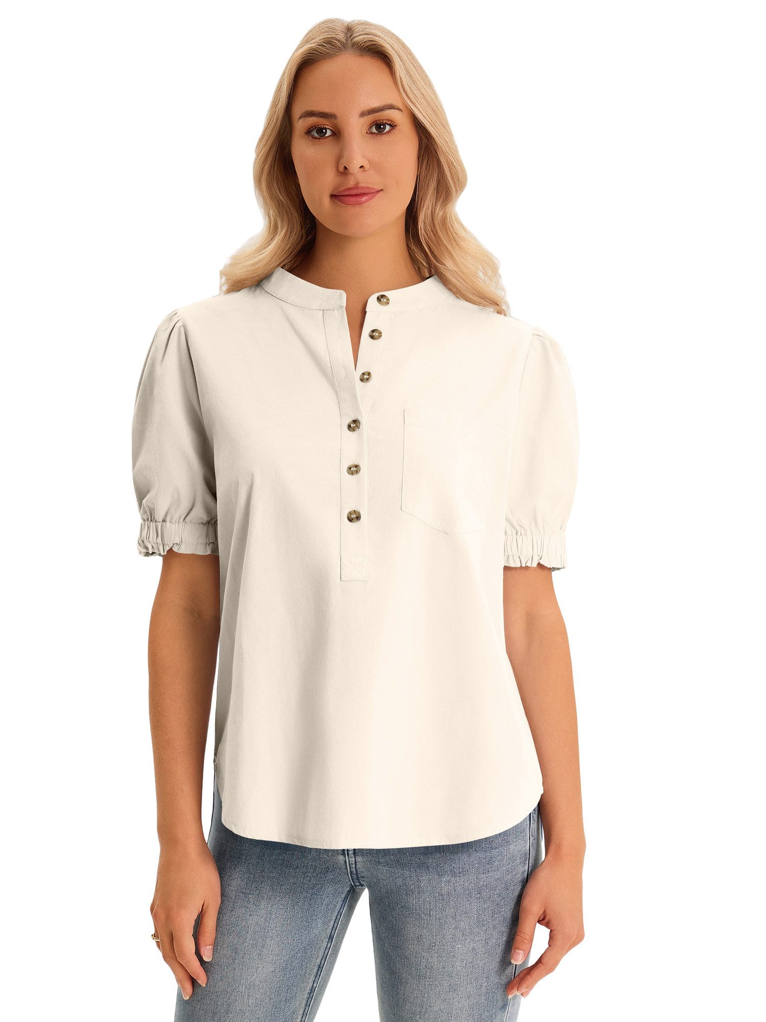 Imily Bela Kurzarmbluse Damen Puff Kurzarm-Hemden mit Knopfleiste (Packung, 1-tlg., 1per-Pack) einfarbig