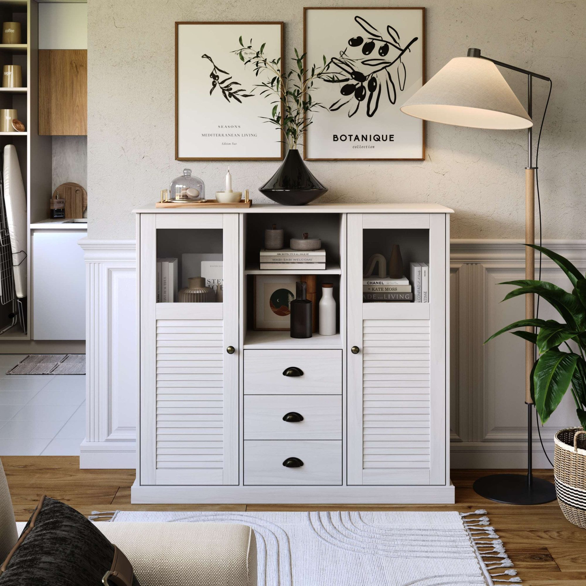 OTTO home Highboard Turia, mit Glas- und Lamellentüren, Vitrine/Midischrank/Kommode, aus massivem Kiefernholz, FSC®, B: 127 cm