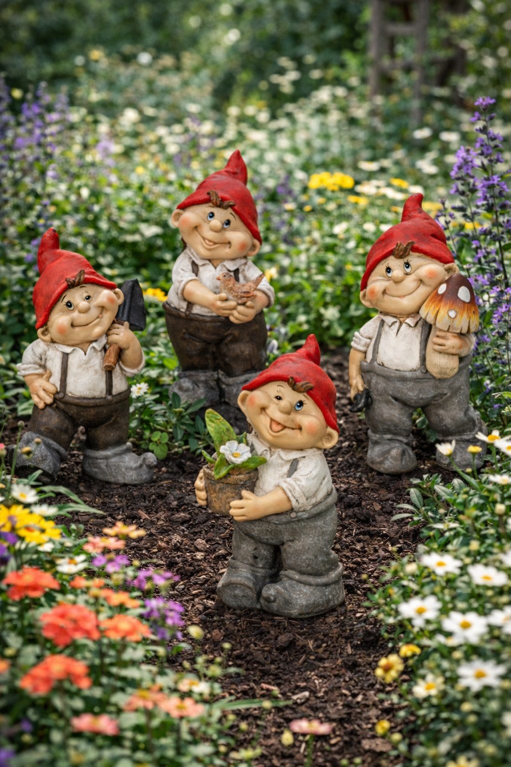 Geschenk-Himmel Gartenzwerg Gartenzwerge 4er Set süße GNOME Figuren mit roter Mütze Gartenzwerg