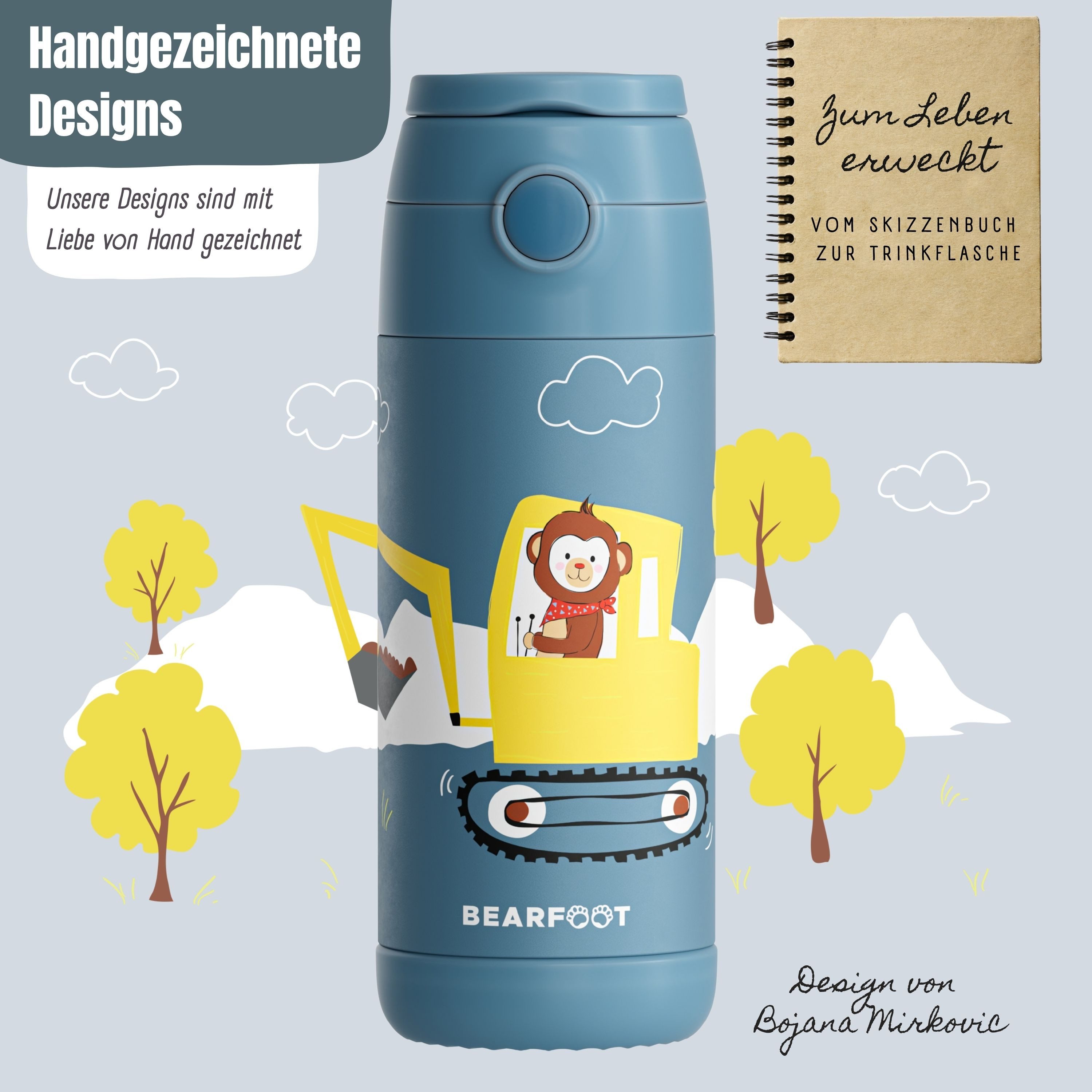 BEARFOOT Trinkflasche Thermo Kinder Trinkflasche Edelstahl - Bagger Affe blau, Thermosflasche, auslaufsicher, Edelstahl, Kinderflasche, BPA-frei – Bild 4 von 5