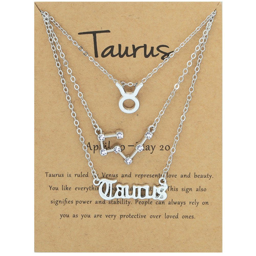 Blusmart Herzkette 3PCS 12 Zodiacs Halskette Für Frauen Vintage Alphabete Silber Taurus