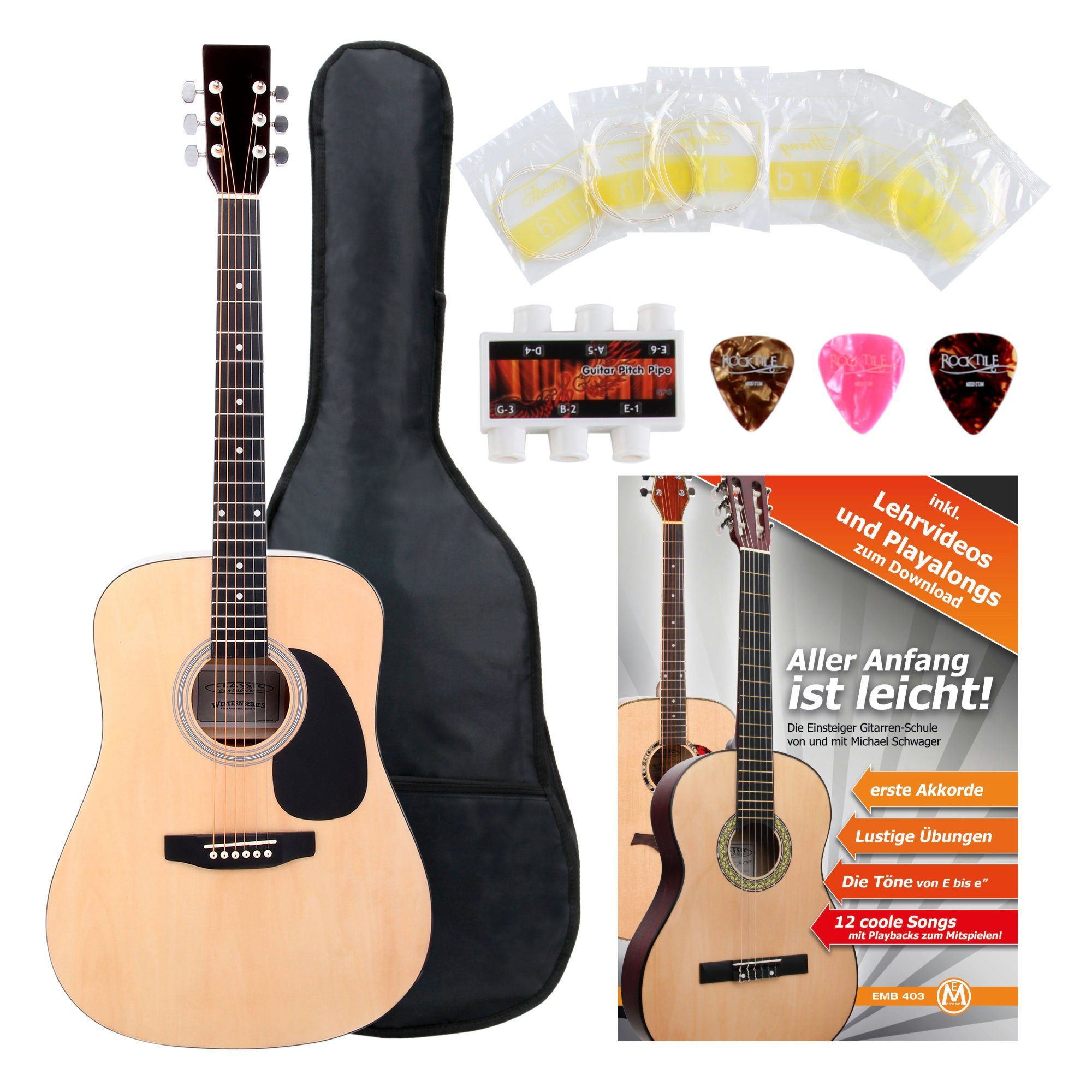 Classic Cantabile Westerngitarre WS-10 Akustikgitarre für Anfänger & Fortgeschrittene, Dreadnought, Starter-Set, Inkl. Tasche, Plektren, Ersatz-Saiten und Stimmpfeife