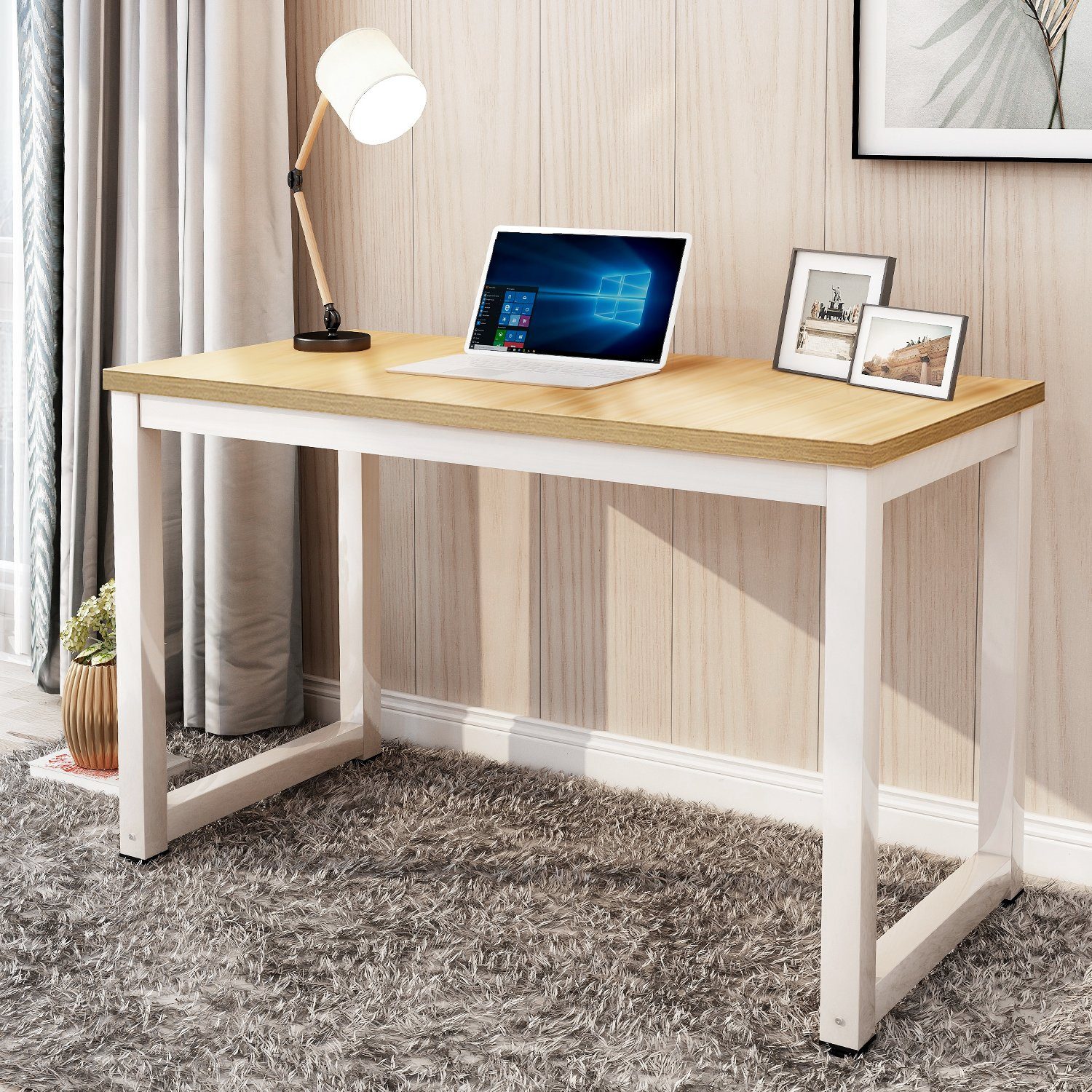 Merax Schreibtisch Bürotisch Computertisch PC Tisch Arbeitstisch, Stahlgestell einfacher Aufbau in verschiedenen Farben Weiß | weiß | natur