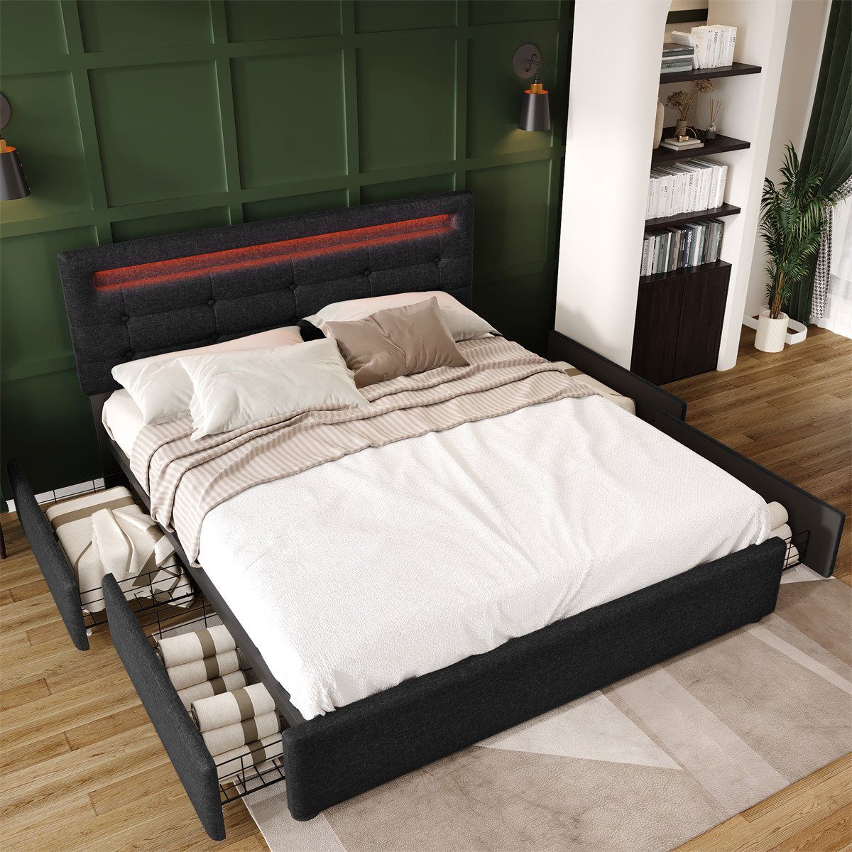 autolock Polsterbett Bettgestell,Doppelbett Polsterbett mit LED Beleuchtung, 4 Schubladen,Höhenverstellbarem Kopfteil,Stauraumbett