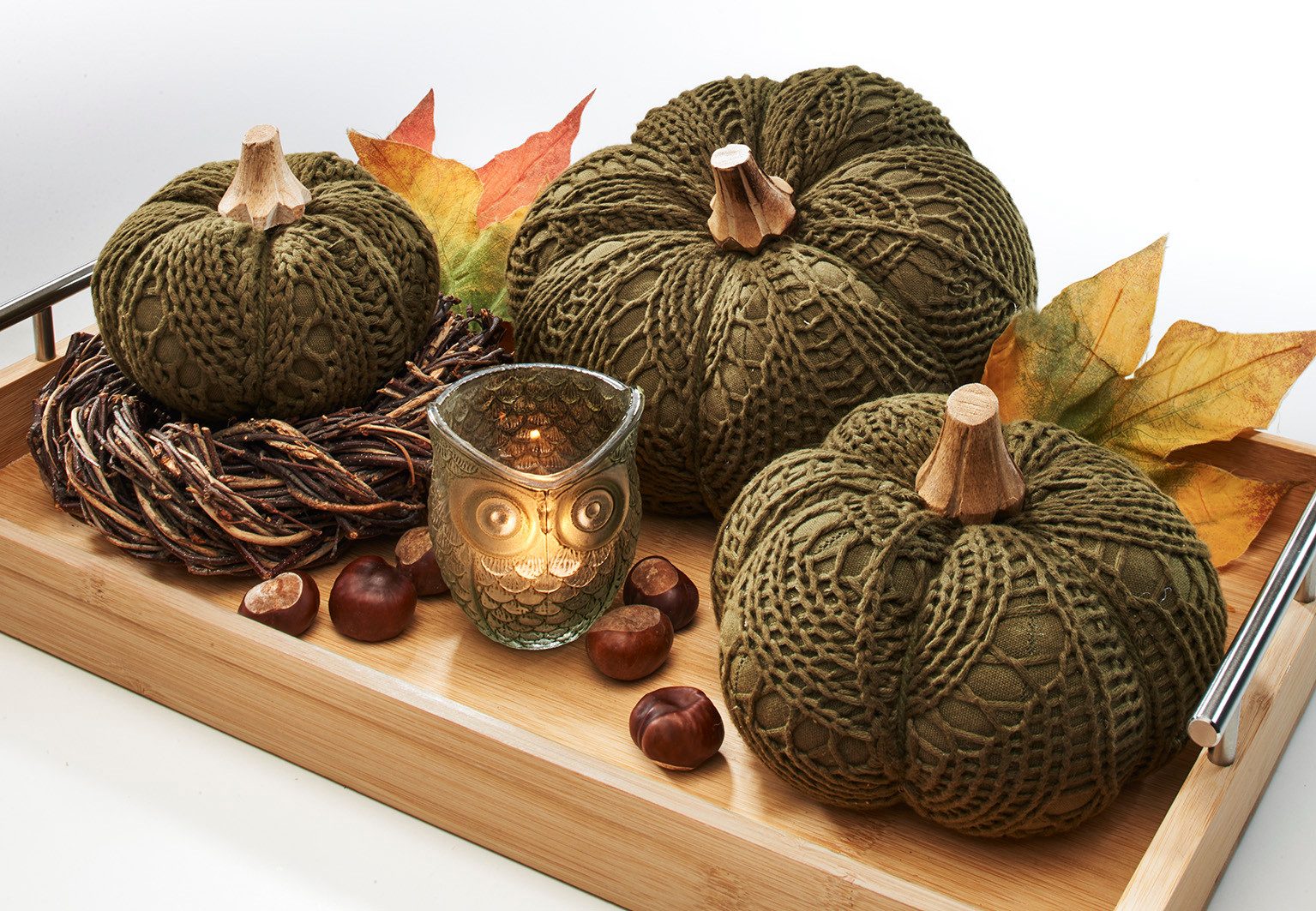 Kobolo Dekoobjekt Kürbis Herbstdeko aus Textil Set aus 3 Größen grün - Herbst Dekoration (3er Set, 3 St., verschiedene Größen), 1x 11x9 cm – Bild 4 von 5