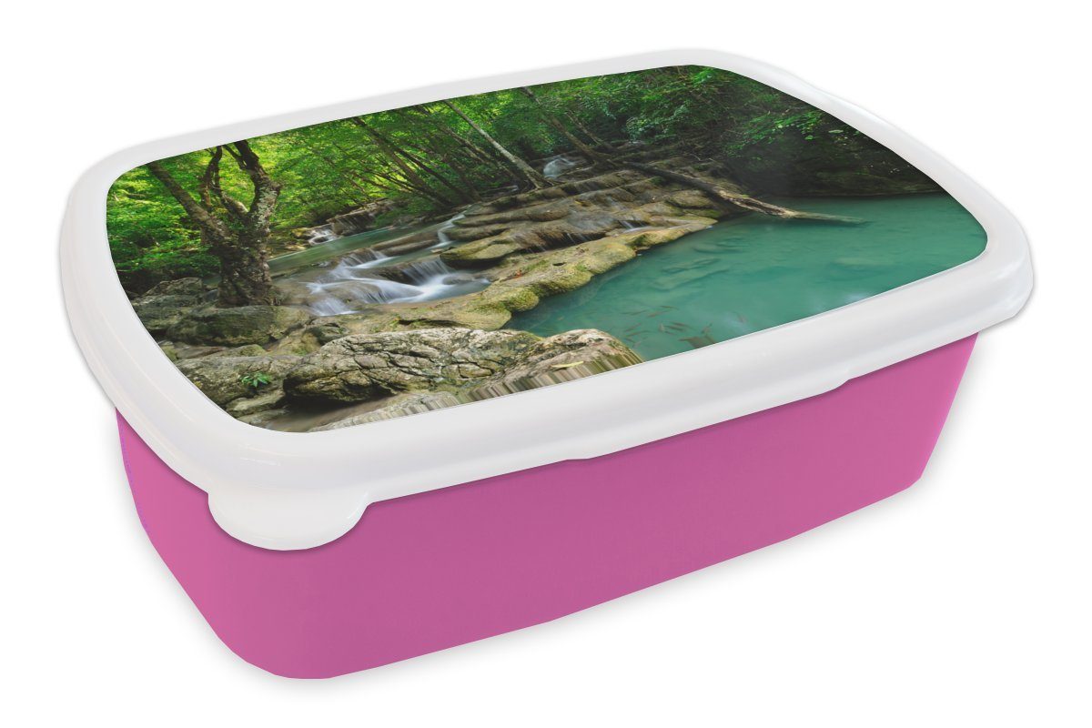 MuchoWow Lunchbox Grüne rosa Erwachsene, für Mädchen, Kinder, Kunststoff, Thailand, Brotbox Snackbox, Erawan-Nationalpark Kunststoff im Brotdose Natur in (2-tlg)