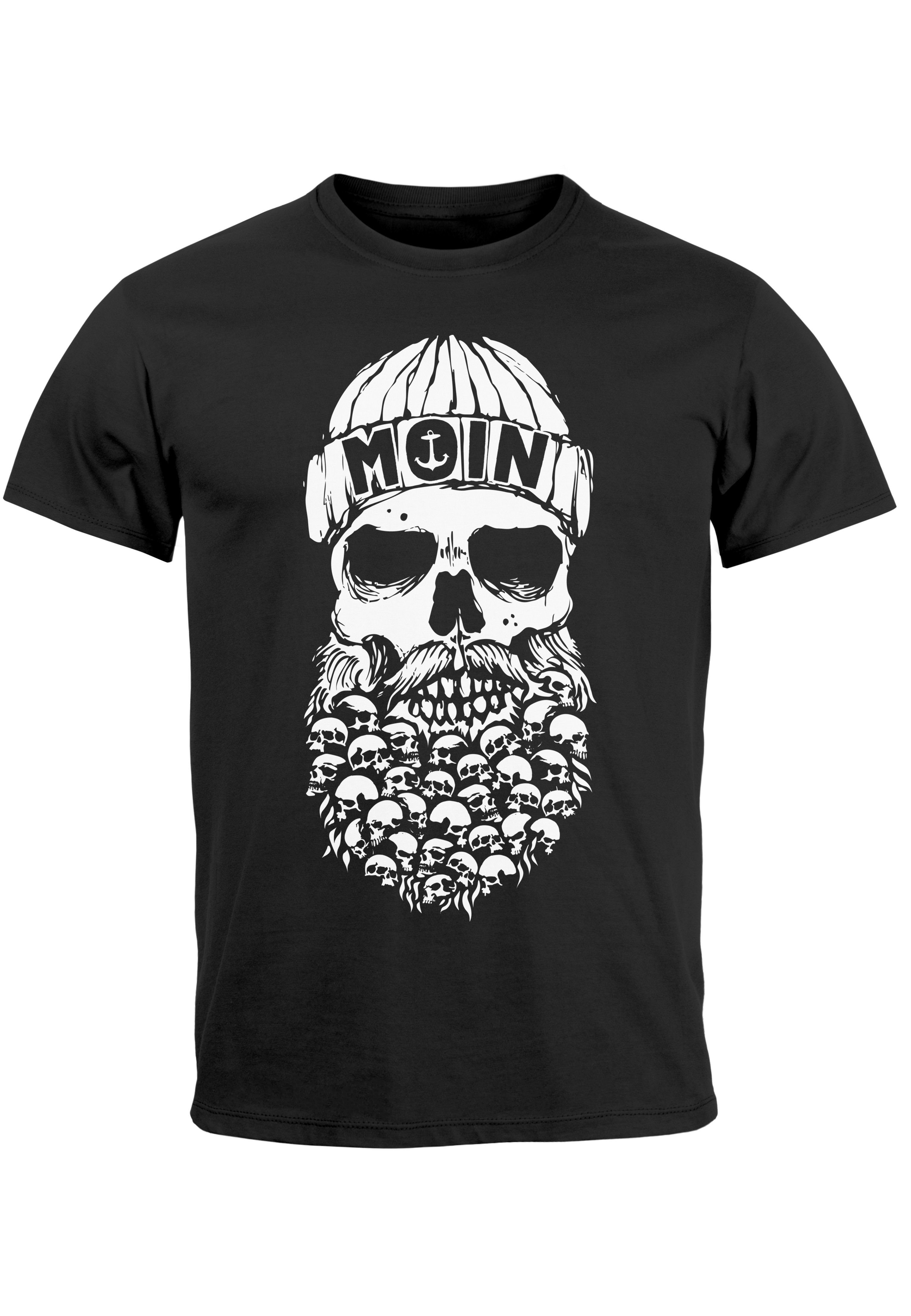 Neverless Print-Shirt Herren T-Shirt Totenkopf Nordisch Moin Hamburg Dialekt Skull Anker Fas mit Print schwarz