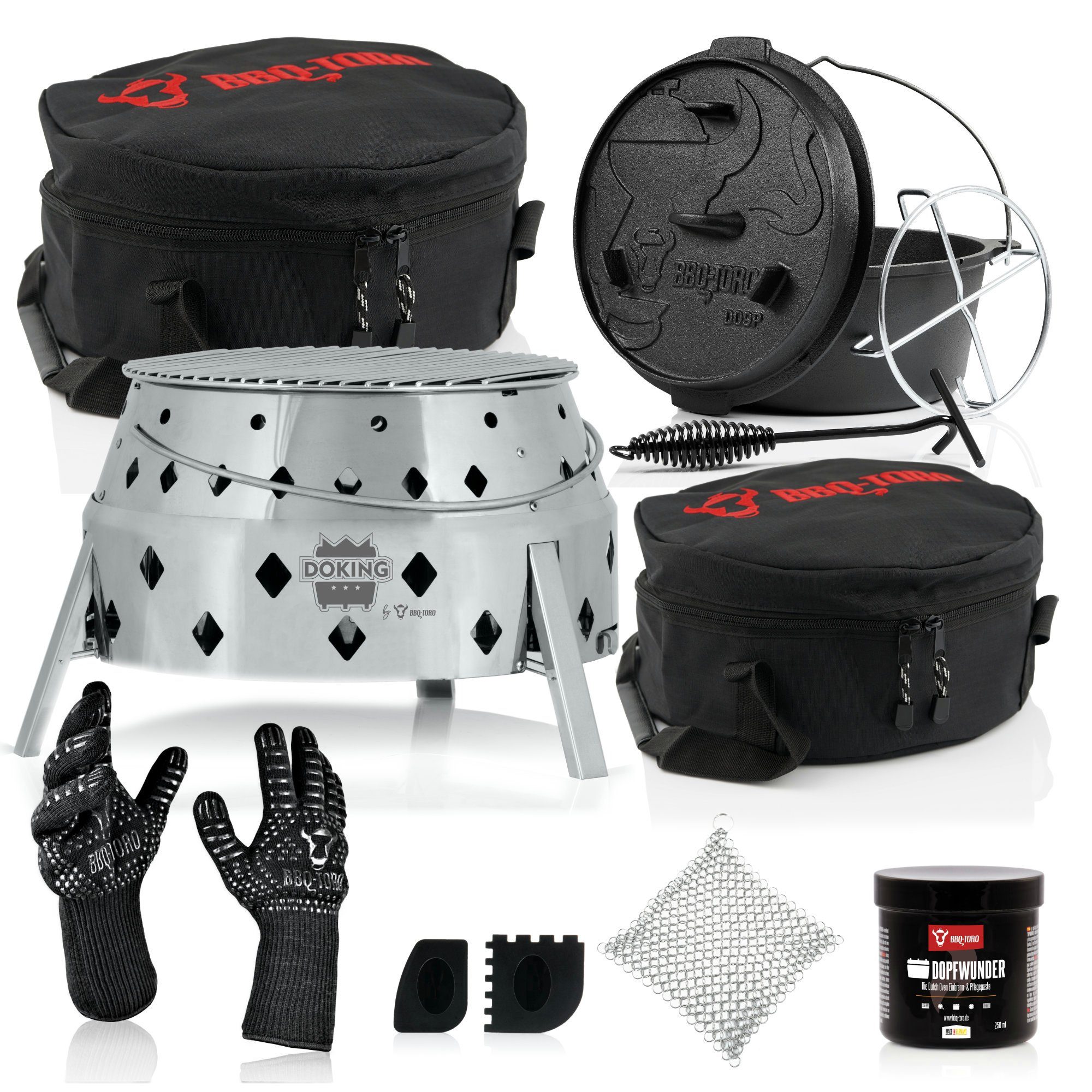 BBQ-Toro Feuerstelle 11-tlg. Dutch Oven Set mit Dutch Oven Grill "DOKING", 9 QT Dutch Oven, (Set, 11-teiliges Dutch Oven Set)