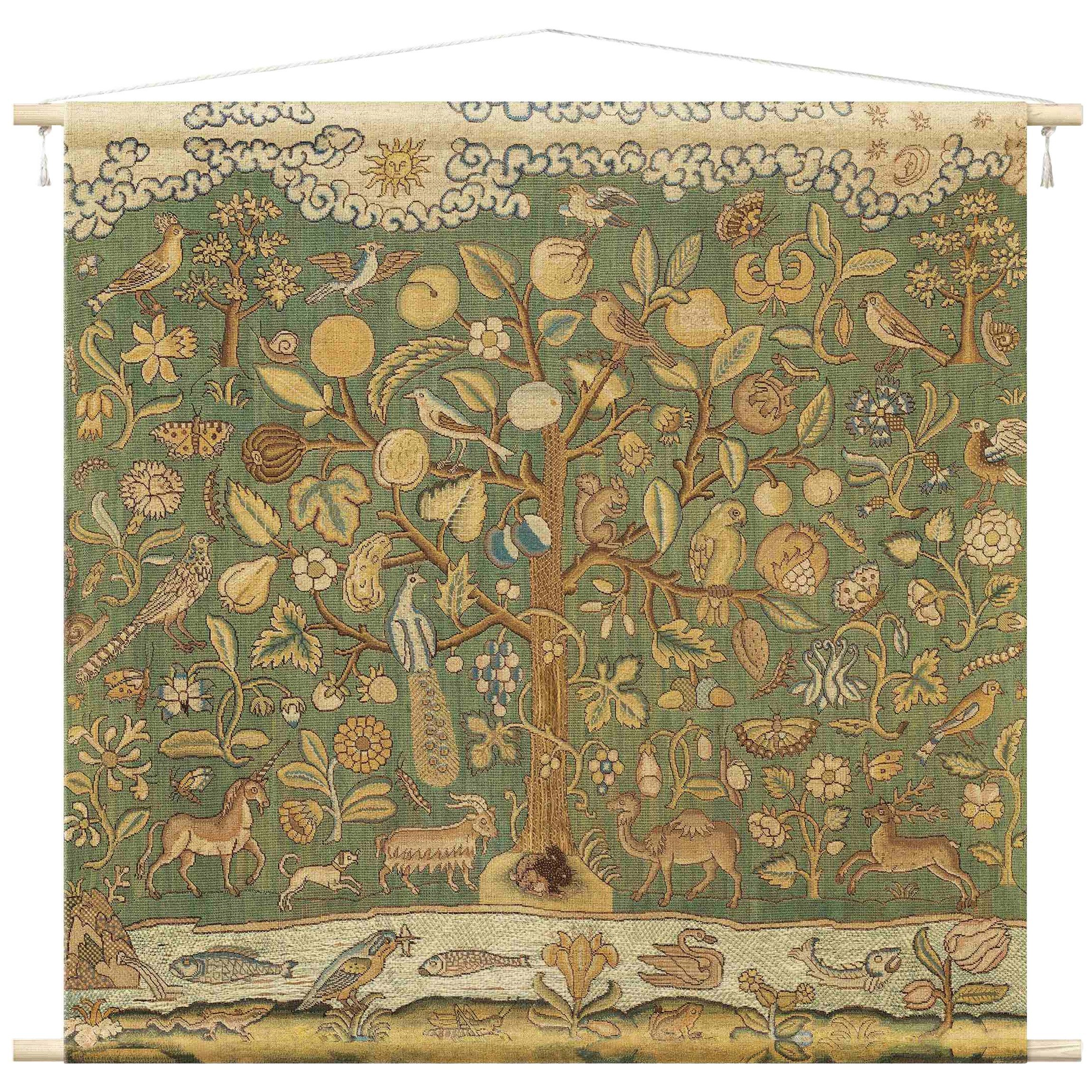 Bilderdepot24 Wandteppich modern Vintage Botanik Tiere Vögel grün, quadratisch, Höhe: 2.6 mm, großes Wandbild aus Natur-Baumwolle Wandbehang Stoffbild Tuch Wollseil