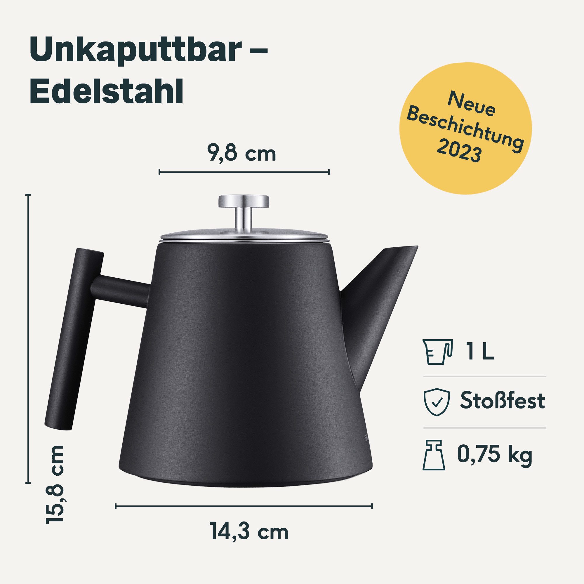 SILBERTHAL Teekanne Edelstahl mit Siebeinsatz Schwarz, 1 l, Doppelwandig-isoliert – Bild 4 von 5