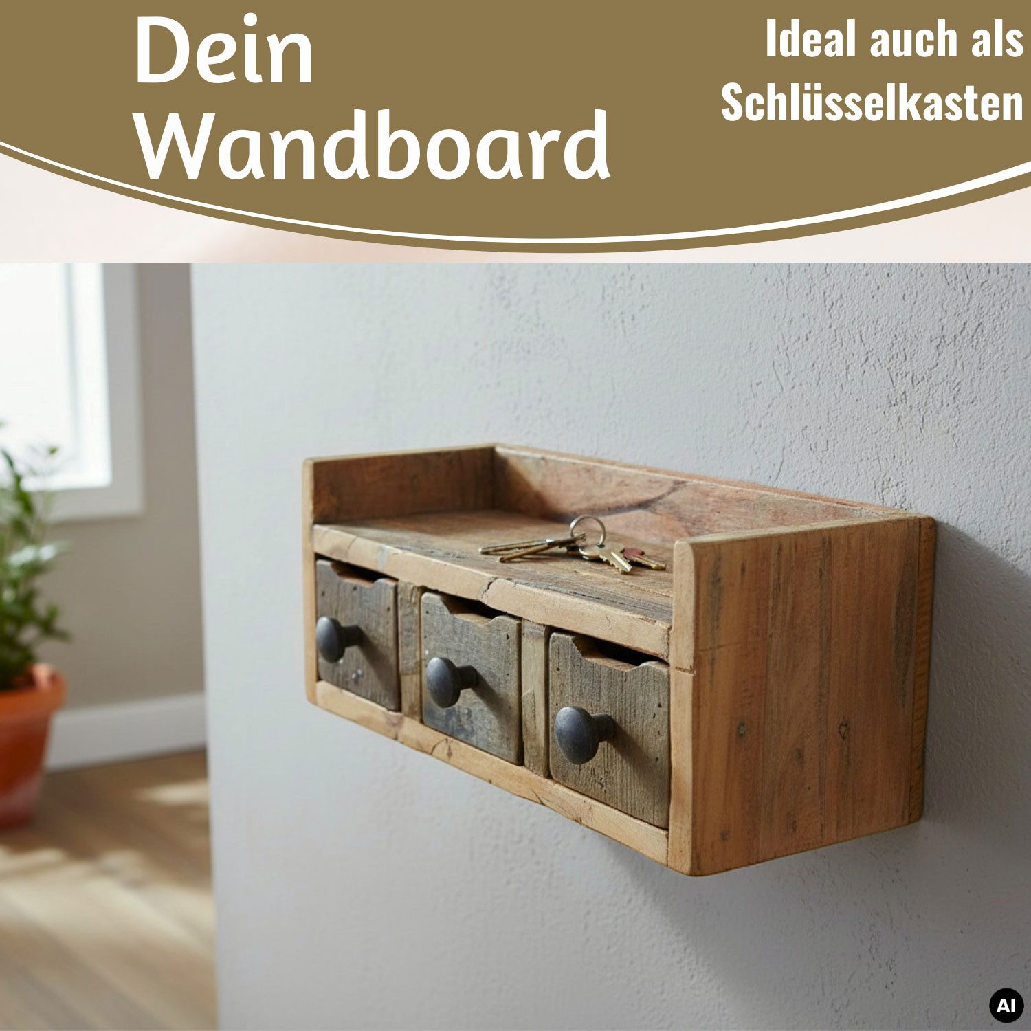 LS-LebenStil Küchenregal Vintage Dehli 35cm hängend Gewürzregal Wandregal Wandboard, Schlüsselkasten Schubladenregal Hängeregal 1-tlg., 3 Schubladen, auch freis – Bild 4 von 5