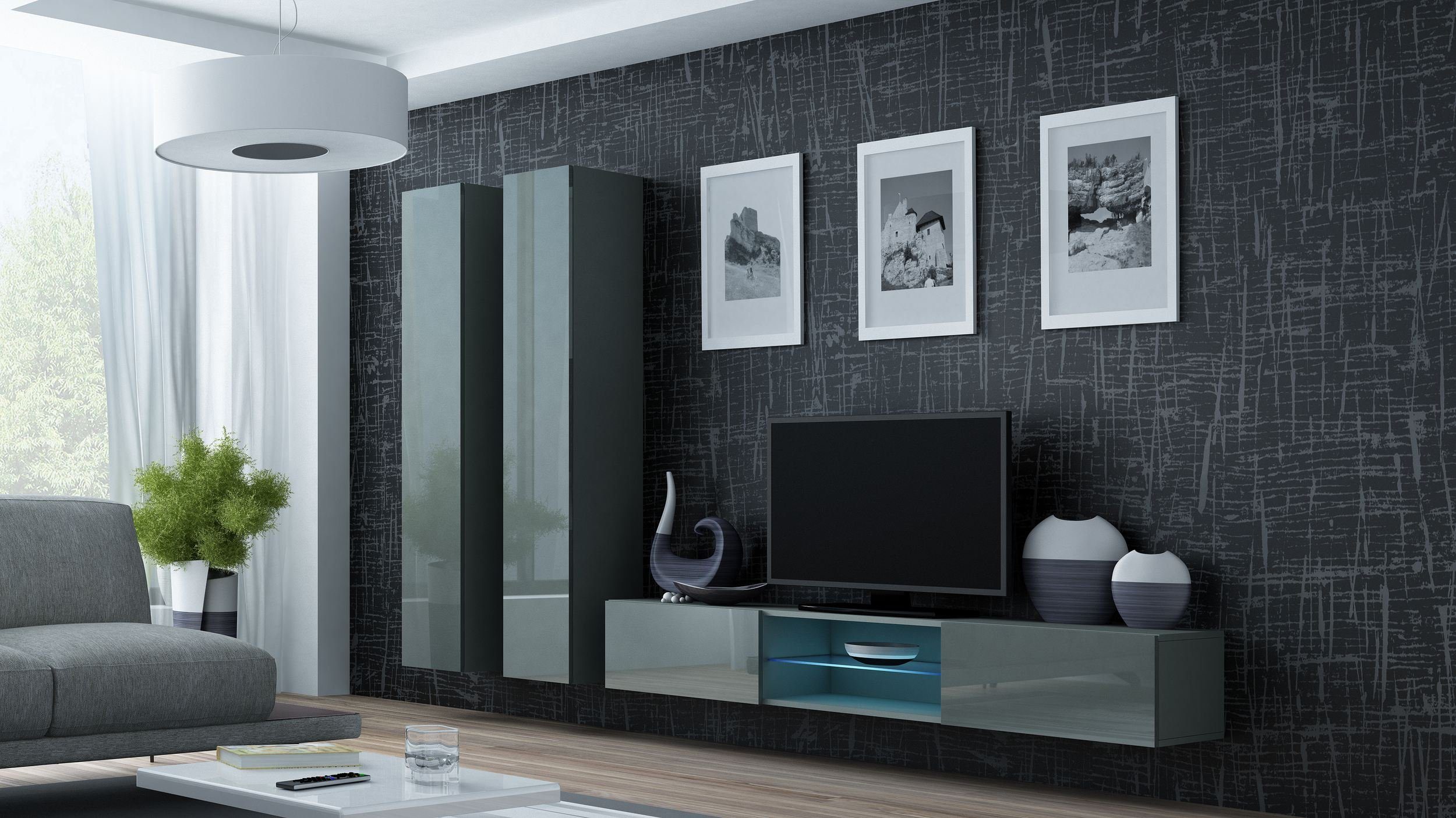 Stylefy Wohnwand Vago XIX, (Set (3-St), Wohnmöbel, Wohnzimmer-Set), bestehend aus 1xLowboard und 2xHängeschrank, inkl. LED-Beleuchtung, mit Push-to-Open, Modern Design Grau Matt - Grau Hochglanz