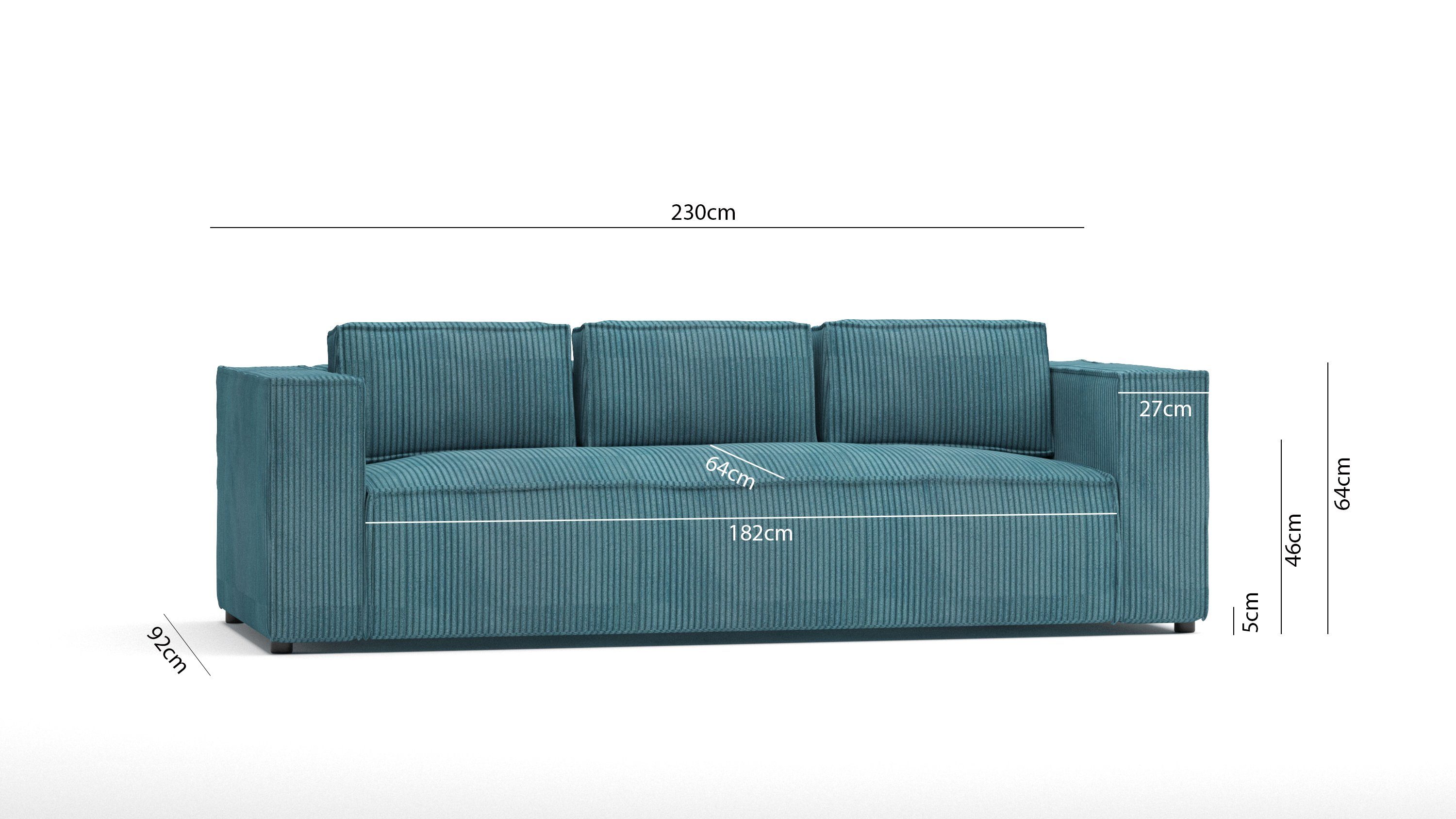 Wellenfederung Cord 3-Sitzer Renne, S-Style Möbel sofa Türkis Teile, 1 mit