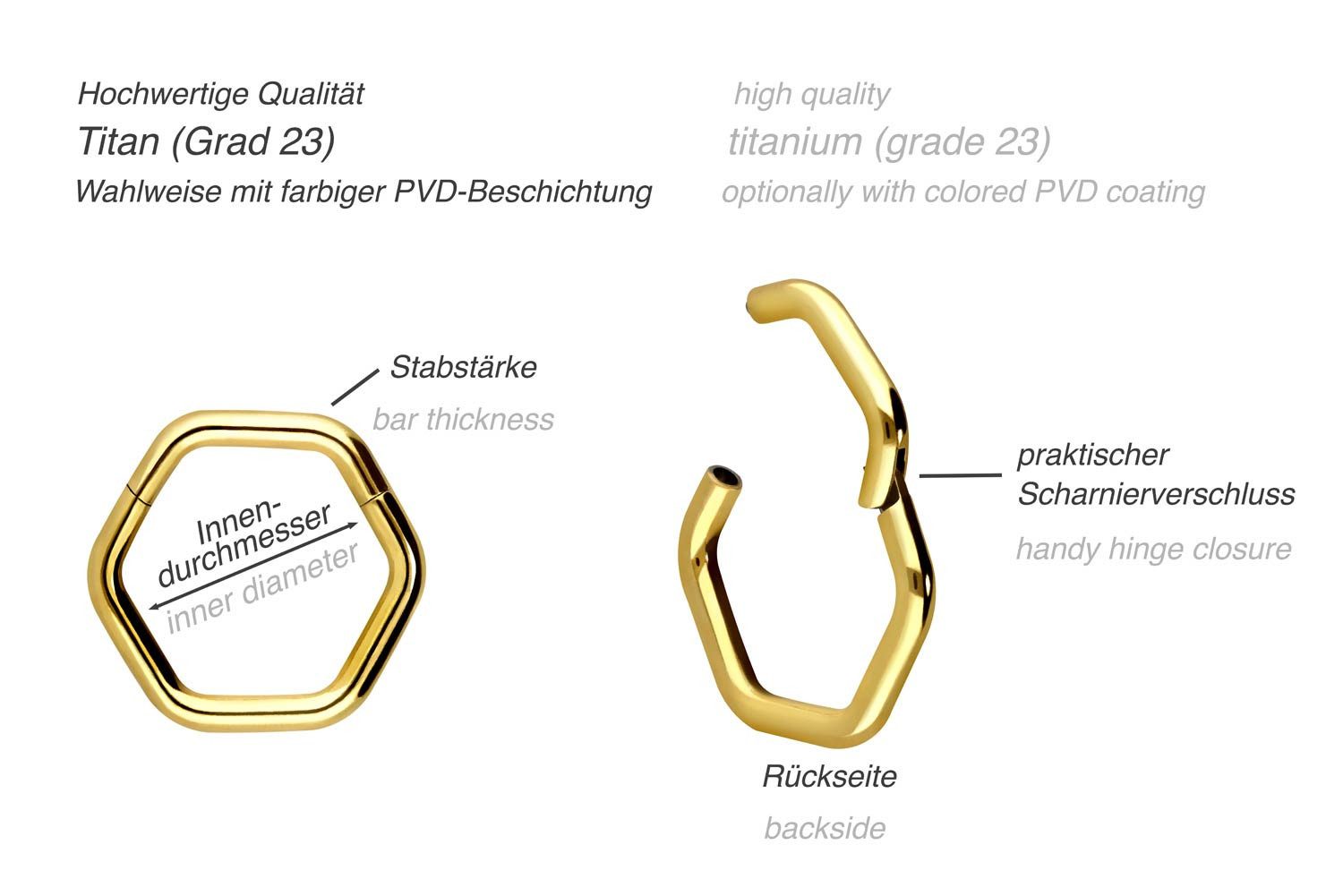 PIERCINGLINE Nasenpiercing Titan Clicker SECHSECK Ohrpiercing Septum Nase (Clicker, 1-tlg), Ohrpiercing für Conch, Helix, Tragus, Daith, Lobe