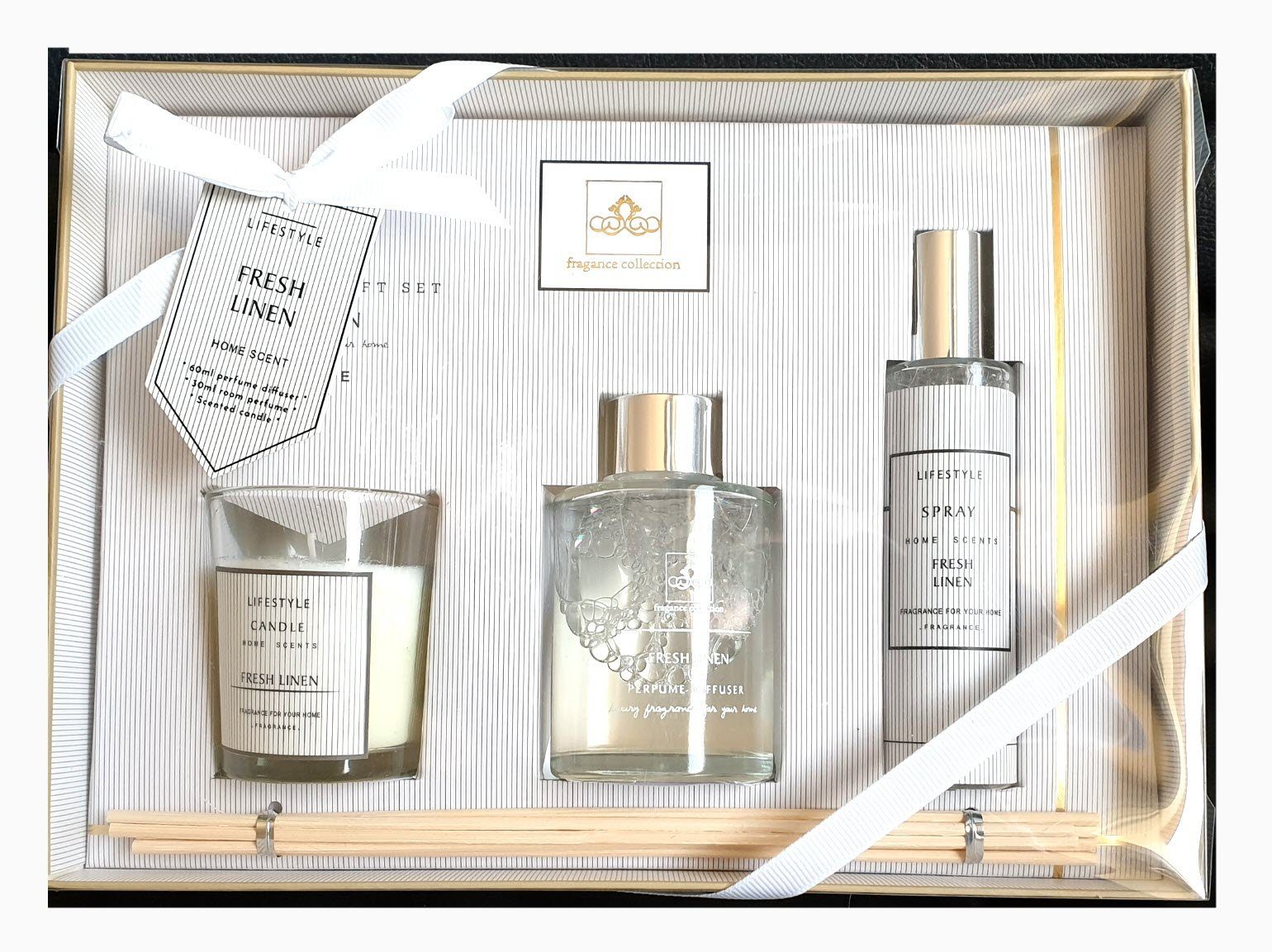 Spectrum Duft-Set Aroma Geschenkset Fresh Linen white Raumduft Raumparfum Duftkerze. Reduzierter Preis € 10,79. Unverbindliche Preisempfehlung € 14,95, (€ 10,79 pro 1 Stk)