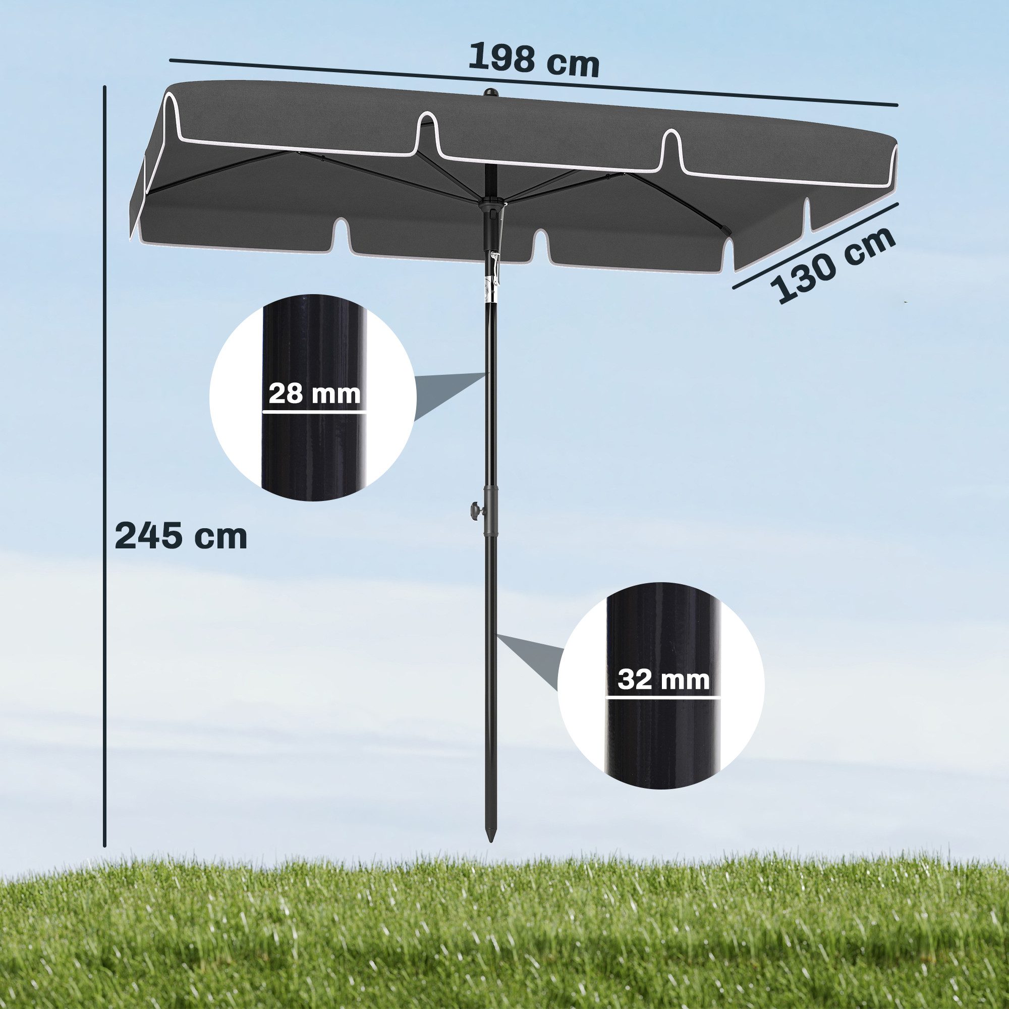 Outsunny Sonnenschirm Balkonschirm, Sonnenschutz, knickbar, Grau, LxB: 198x130 cm, Gartenschirm, Strandschirm, viel Schatten, verstellbare Neigung, Aluminium und Stahl
