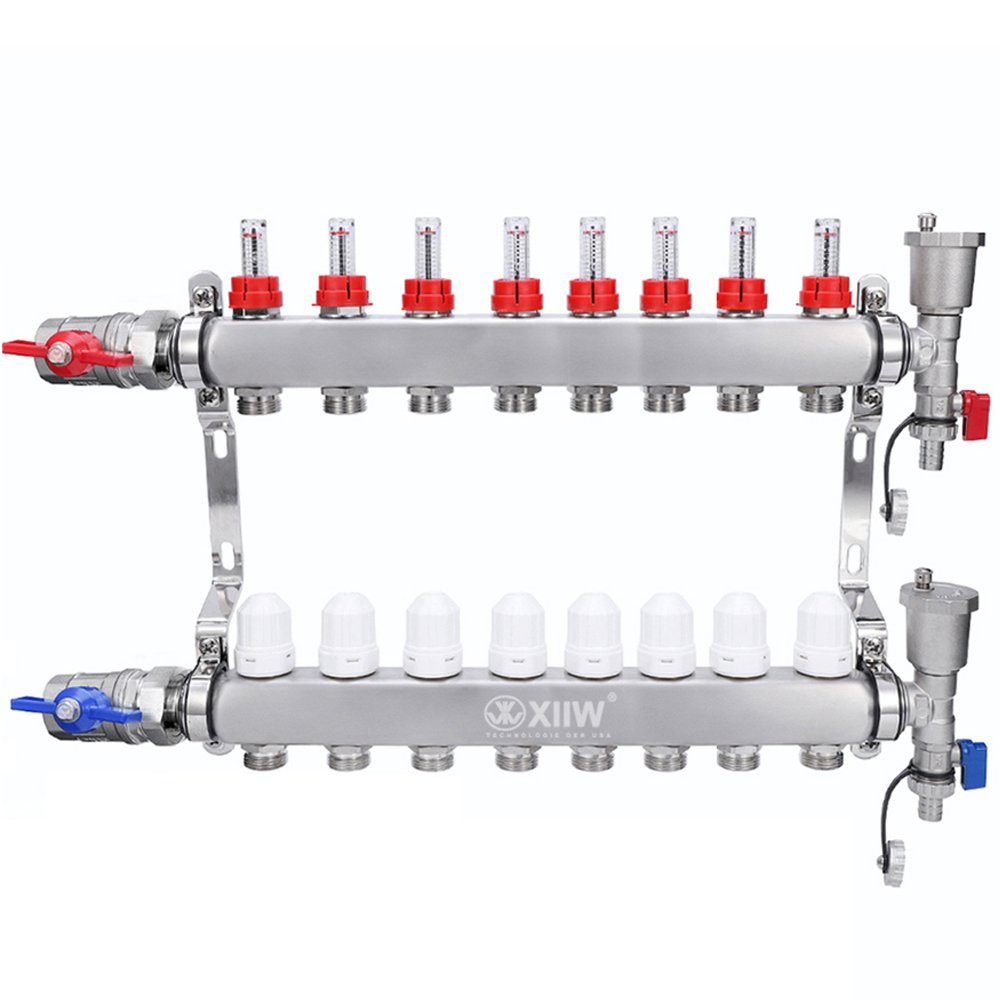 XERSEK Fußbodenheizung Edelstahl Heizkreisverteiler 4-8 Fach Heizkreise für Fußbodenheizung, mit Entlüfter Durchflussmesser für HKV