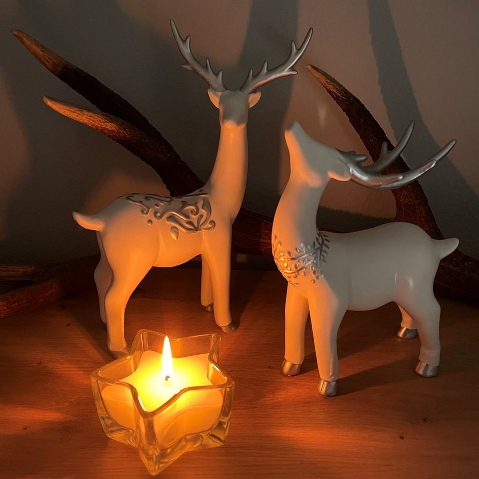 Online-Fuchs Dekofigur 2er Set edle Hirsche aus Keramik Rentiere Herbst-  Weihnachtsdeko 180 (mit Ornamenten in Silber-Farbton), Maße (HxBxT)  27,5/21,5x19/15,5x8,5/6 cm