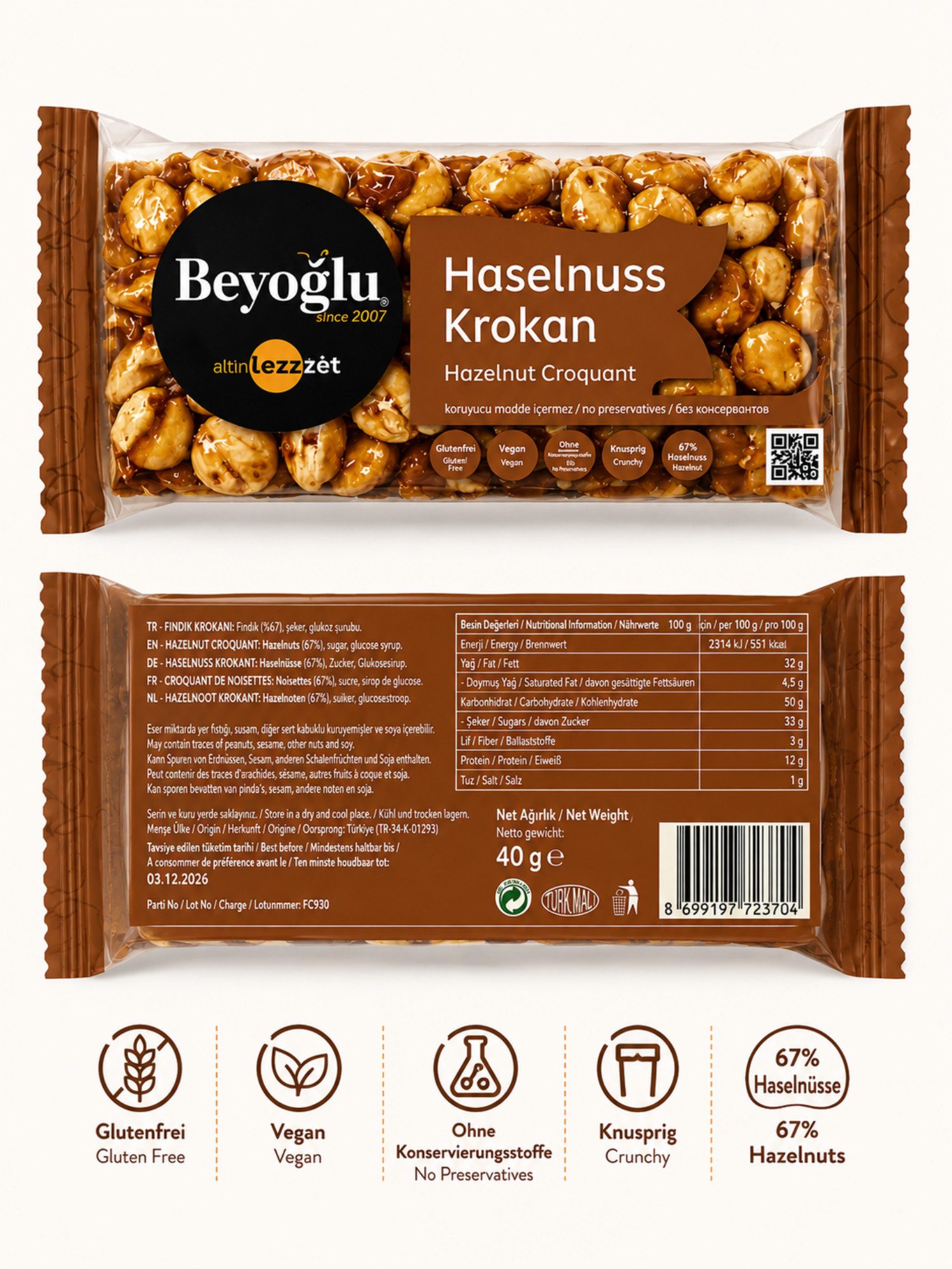 Beyoglucitiri Cerealien Beyoğlu Haselnuss Krokant – 40 g – %67 Haselnuss, 1 x (Einzelartikel), Mit 67 % Haselnüssen Glutenfrei, Ohne Konservierungsstoffe