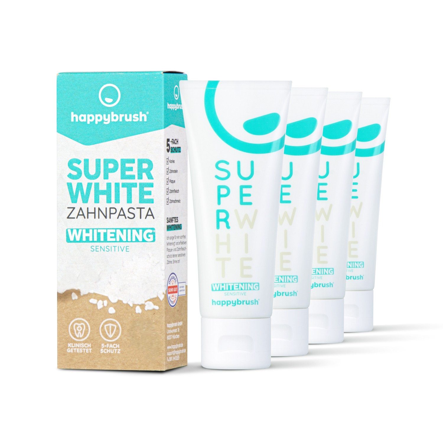 happybrush Zahnpasta SuperWhite+Protect - für weiße Zähne & zur Zahnaufhellung - 4er Pack, (Spar-Set) vegan und FREI VON Natriumlaurylsulfat, Palmöl, Triclosan, Titandioxid
