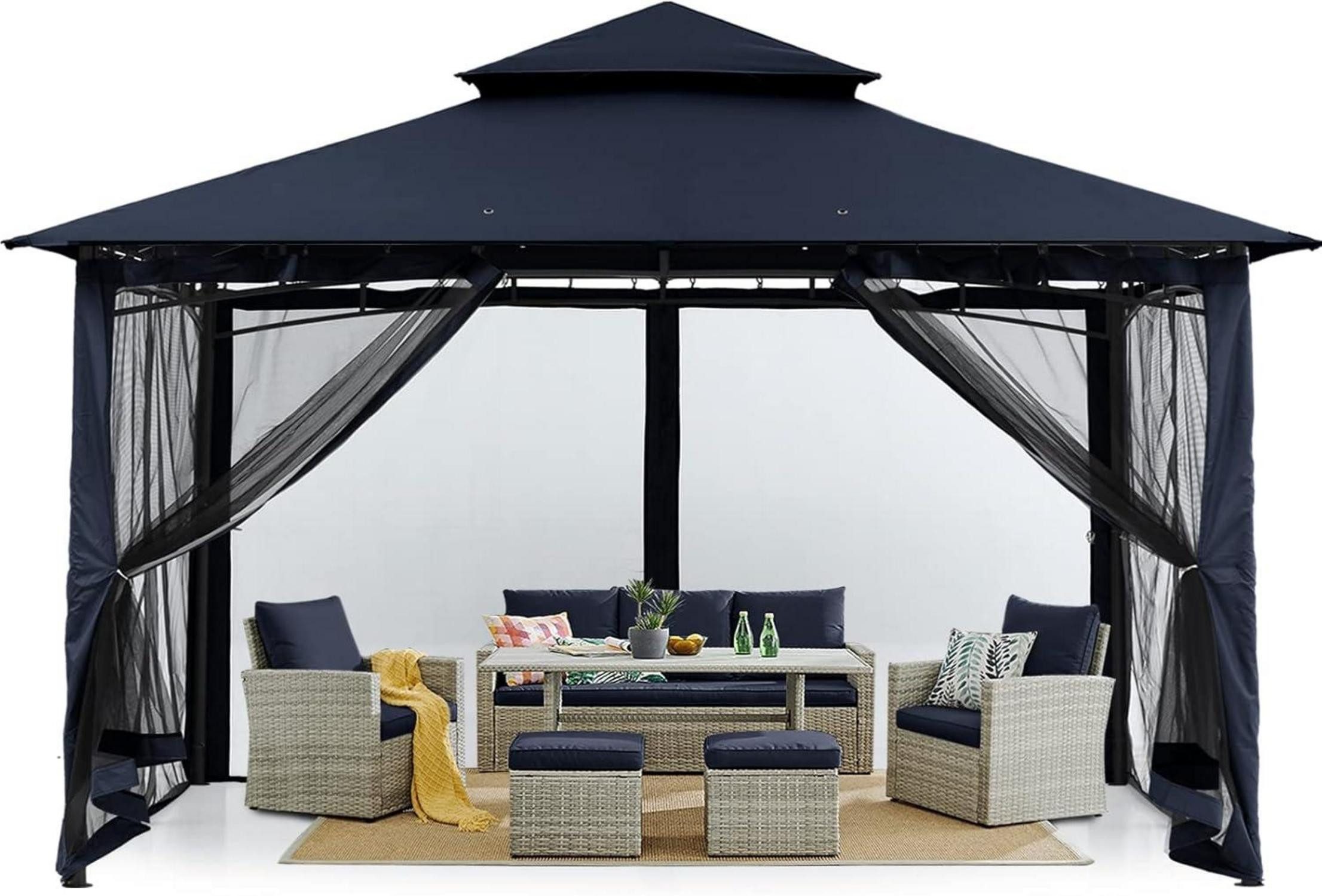 MasterCanopy Pavillon Gartenpavillon Doppeldach 3x3,6m Marineblau mit 4 Netzwänden