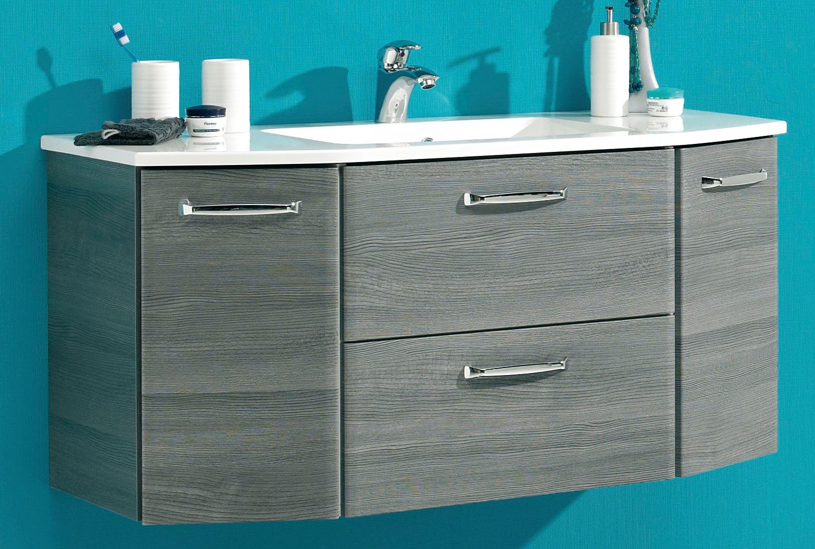 Saphir Waschtisch Quickset Waschplatz, Mineralmarmor-Waschtisch, 112 cm breit, 2 Türen, Unterschrank mit Waschbecken, inkl. Türdämpfer, Griffe Chrom Glanz