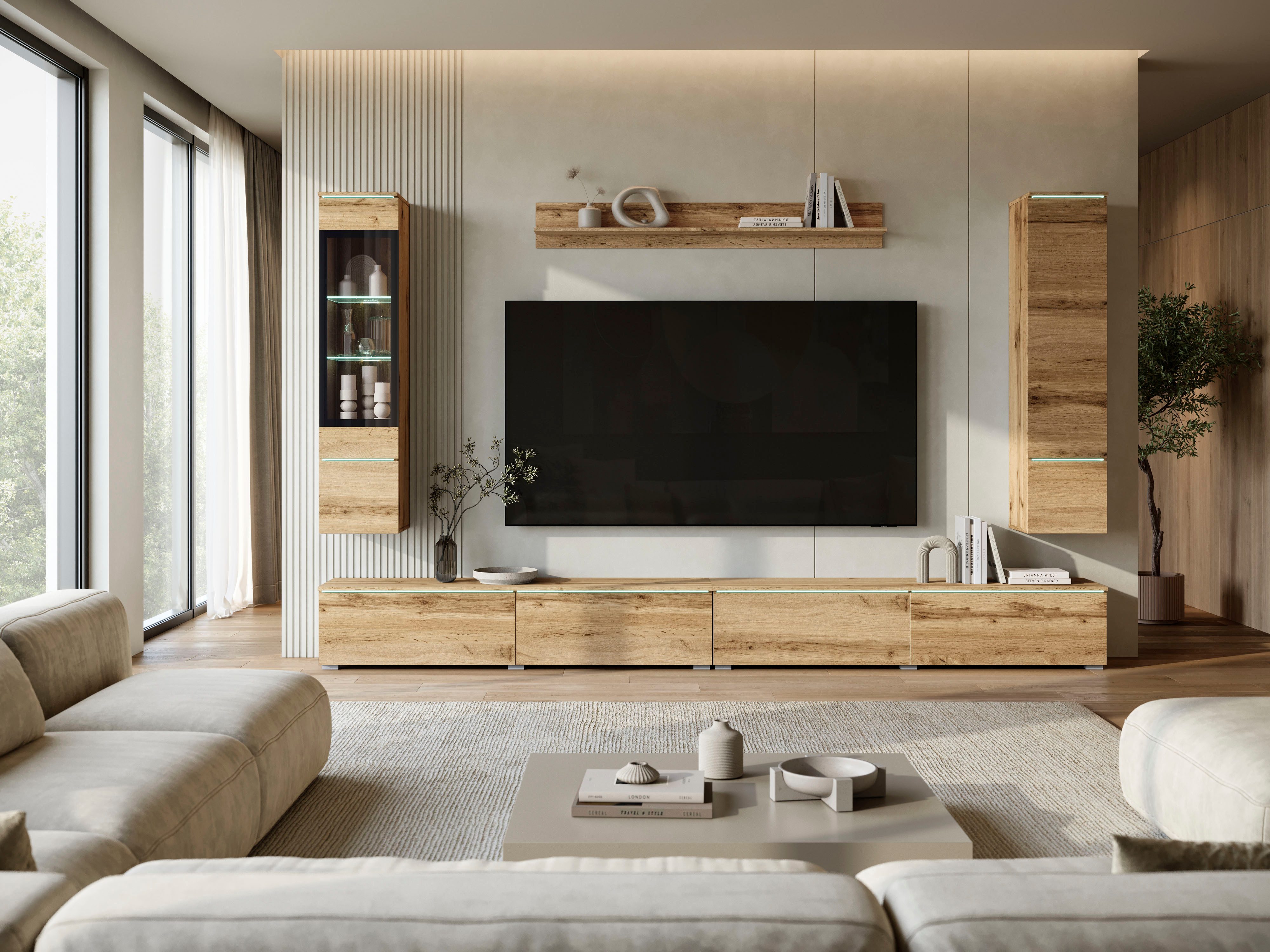 Home affaire Wohnwand Vera, Breite 300 cm, (Komplett-Set, 5-St), Mit LED, Glasvitrine, grifflose Fronten