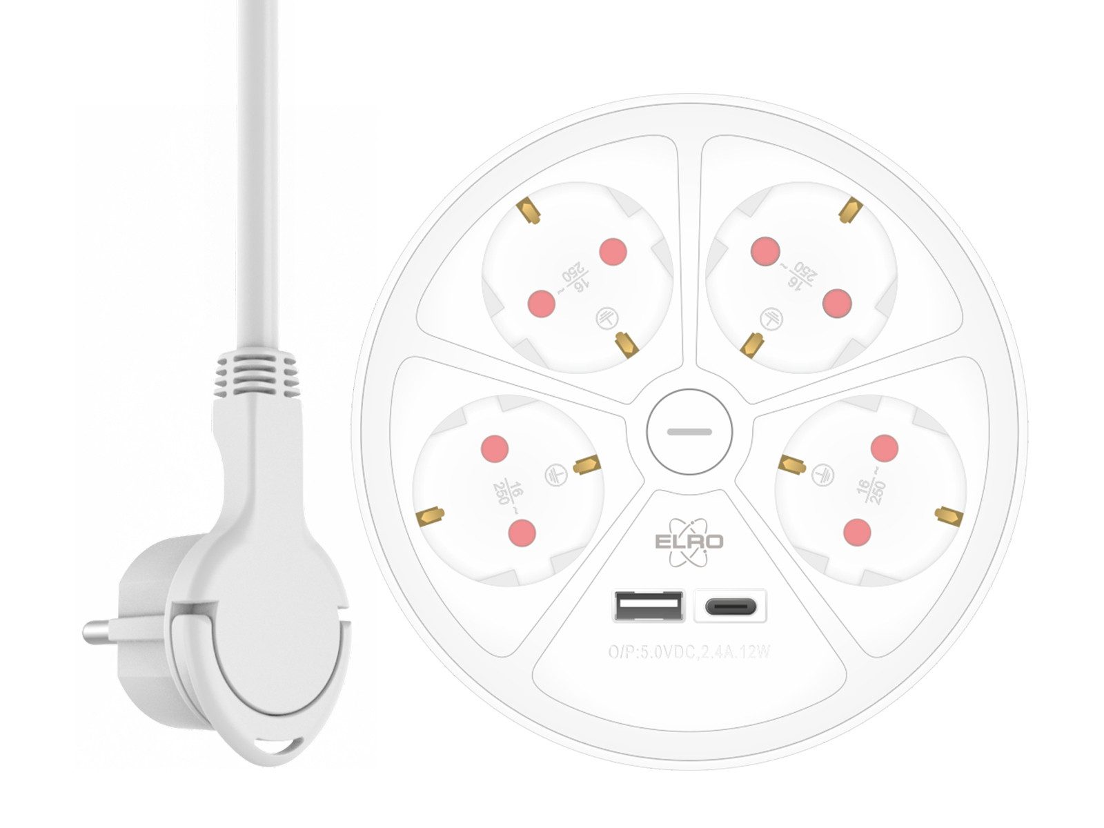 Elro Steckdosenleiste (Ein- / Ausschalter, USB-Anschlüsse, Schalterbeleuchtung, Kindersicherung, Kabellänge 1.5 m), USB Steckdosenleiste 4 fach mit Schalter & Kindersicherung Weiß Ø 14cm