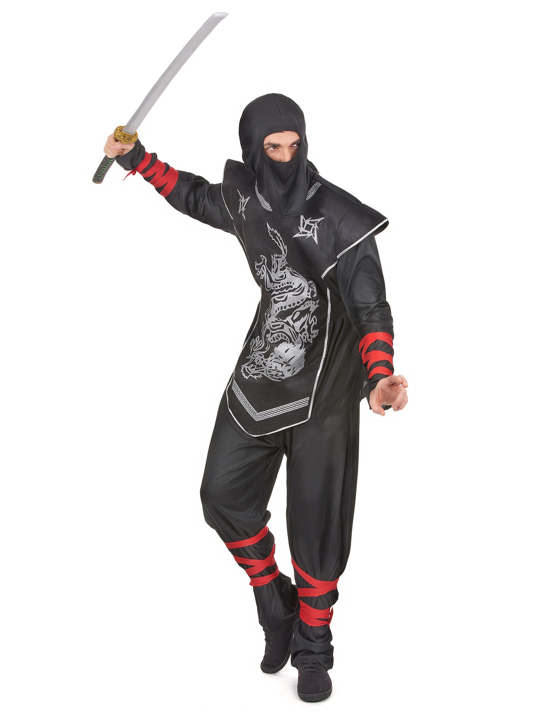 Kostüm Ninjakrieger-Herrenkostüm Asien-Kostüm schwarz-silber-rot
