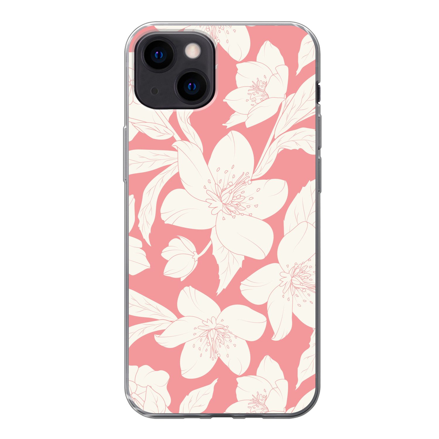 MuchoWow Handyhülle für Apple iPhone 13 Blumen - Muster - Rosa - Weiß, Smartphone-Bumper, Print, Handy Schutzhülle Dünn