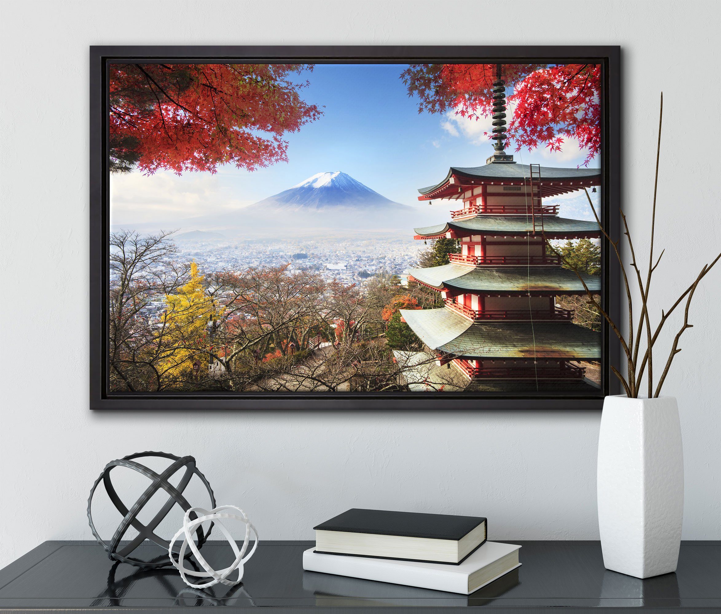 St), Japanischer Wanddekoration (1 Tempel Schattenfugen-Bilderrahmen Zackenaufhänger fertig Pixxprint im Leinwandbild einem Leinwandbild Herbst, in inkl. gefasst, bespannt,