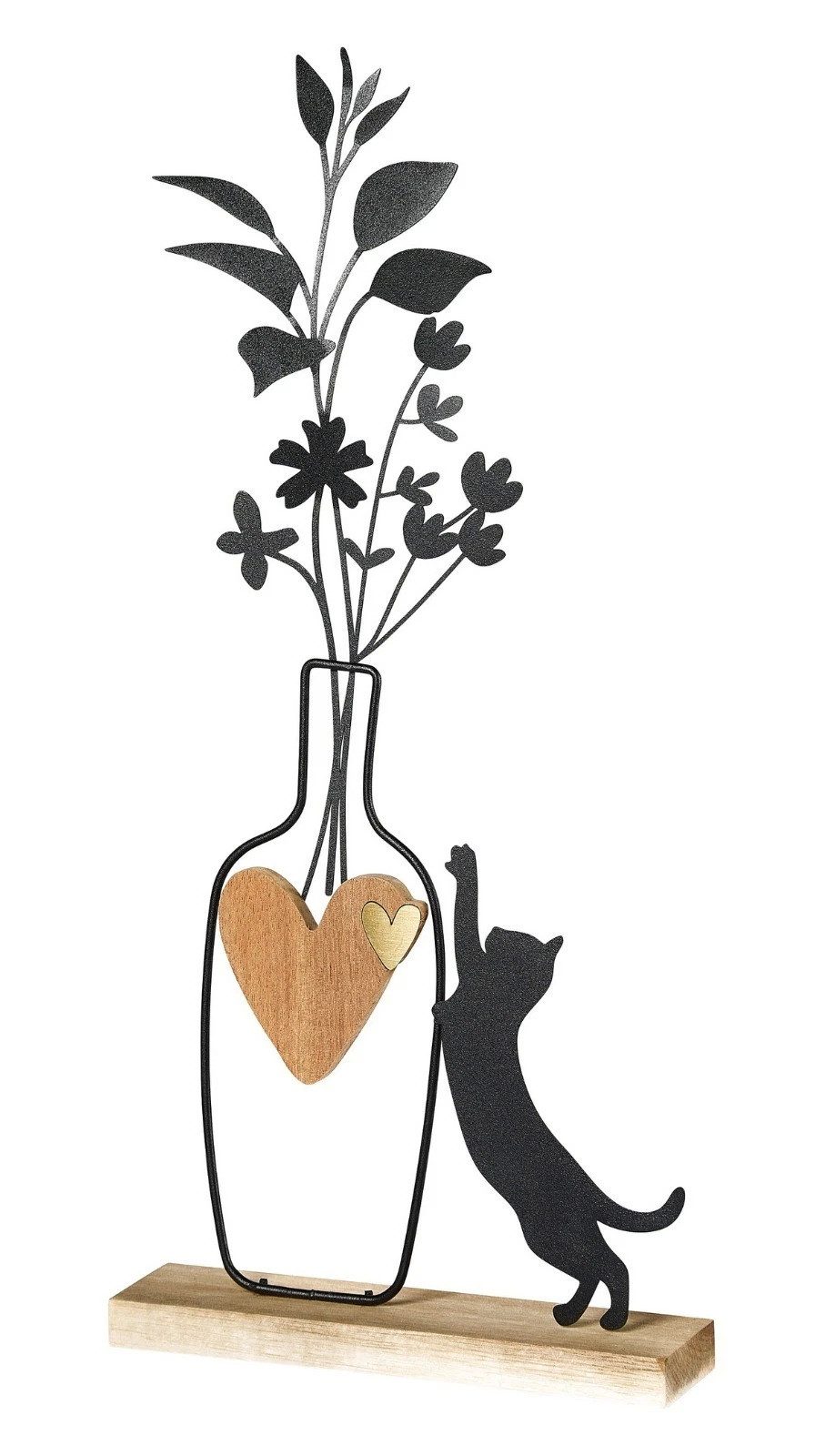 Kaufhaus le petit Dekoobjekt Deko Metall Vase mit Blumen Katze Holz Herz auf Sockel Figur Skulptur, Objekt Silhouette Blumenvase Dekofigur Dekoskulptur