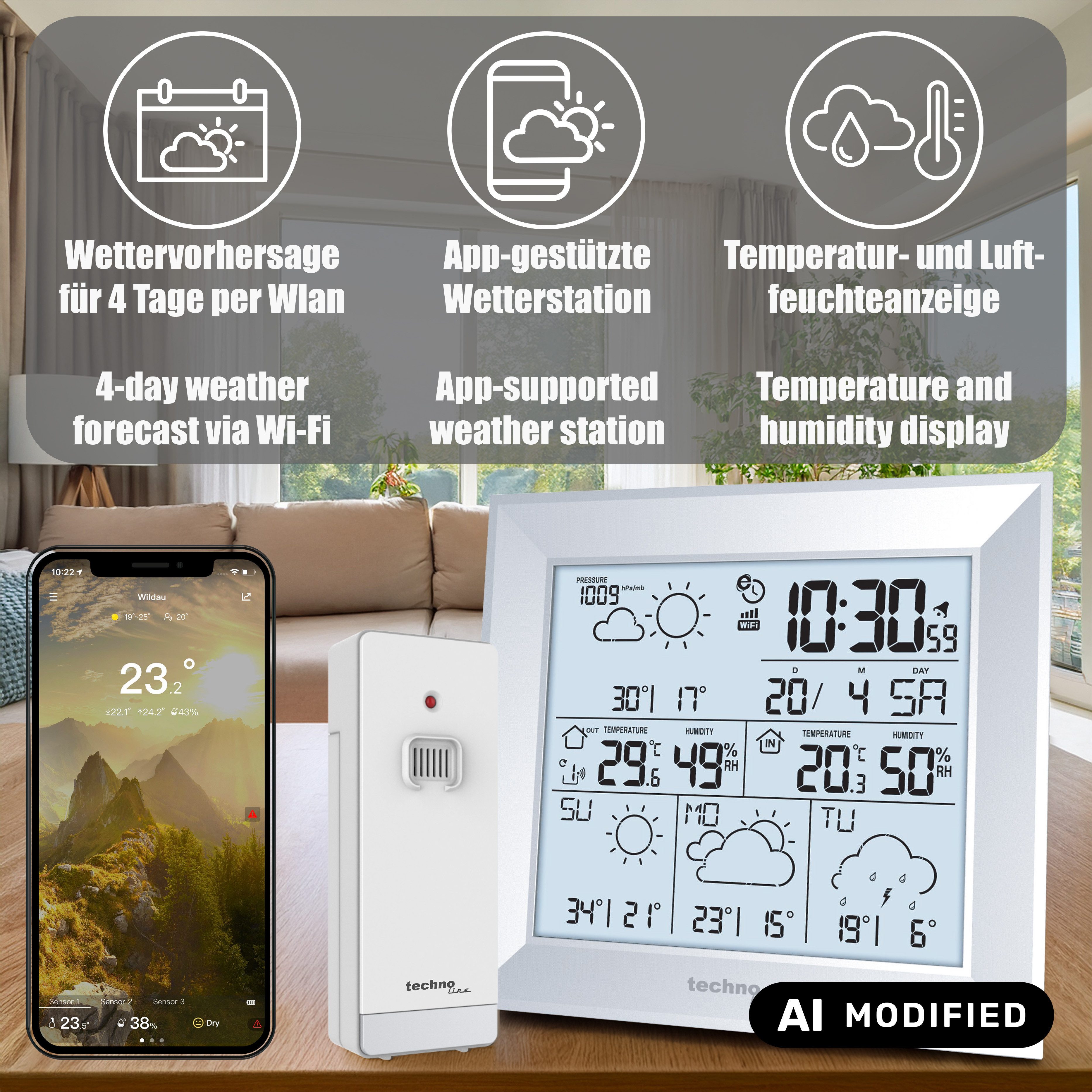technoline WD 2000 Wetterstation (inklusive Außensender, App gestützte Wetterstation)