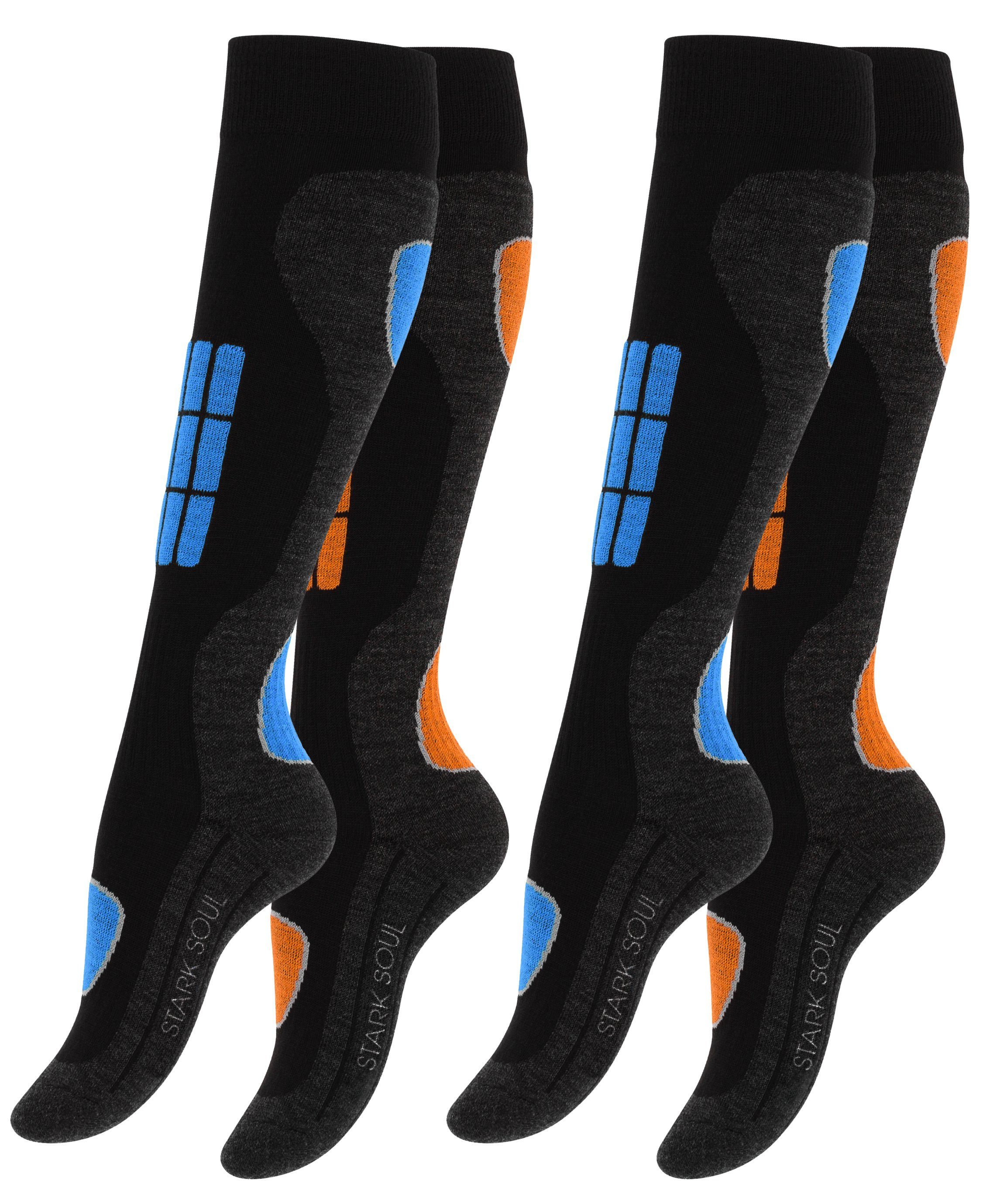 Stark Soul® Skisocken Ski den an Snowboard -Polsterungen Belastungszonen, Socken, an Paar Spezialpolsterung, flache Blau/Orange Spezial & dickes und mit Knöchel Wintersport Dehnungszonen Socken 2er-Pack, Proteegewebe 2 Spann, Nähte