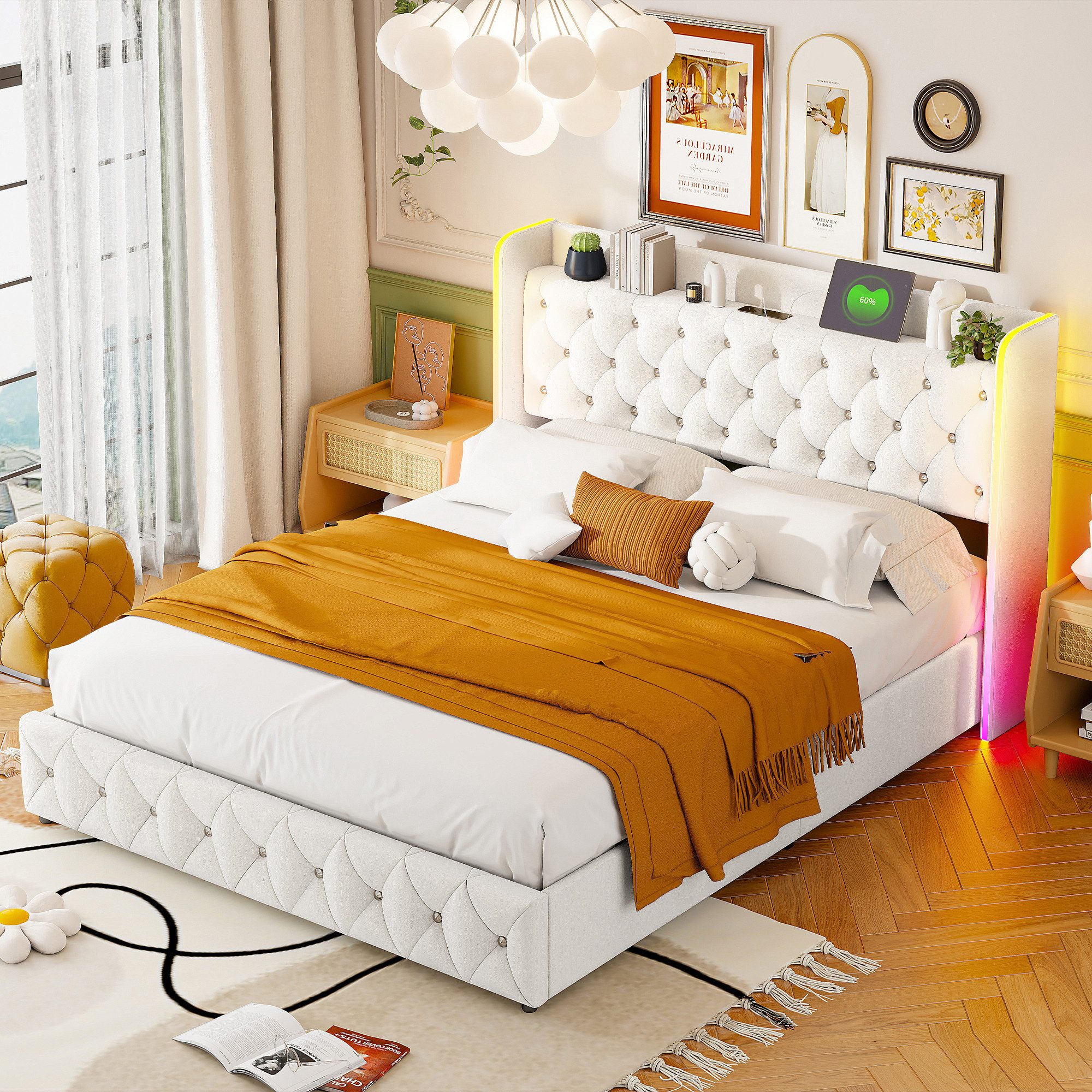 zebery Polsterbett Doppelbett mit LED Beleuchtung und Ladefunktion (Set, 1-tlg., Hydraulisches Bettgestell, Gestepptes Knopfdesign), Jugendbett Stauraumbett, Sa – Bild 4 von 5