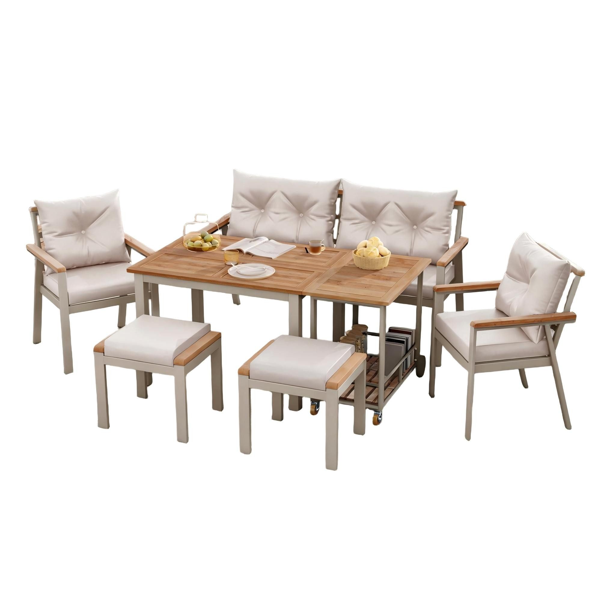 Refined Living Gartenlounge-Set Garten-Esstisch-Set aus Akazienholz, 6-7 Personen, mit Servierwagen, (Esstisch Set, Outdoor Essgruppe, wetterfest, mit Servierwagen, Stuhlset mit Sesseln und abnehmbarem Esswagen, abnehmbarer und waschbarer Stoffbezug,Essgruppe Holz, Terrassenmöbel, Balkonmöbel, Gartenlounge Set, Esstisch mit Stühlen, Balkonmöbel Set, wetterfest, 7-tlg., Geräumiges Design, Stabile verzinkte Eisenkonstruktion, UV-beständig), mit 2 Stühle, 2 Hocker, 1 2-Sitzer-Sofa, 1 Tisch,1 Servierwagen