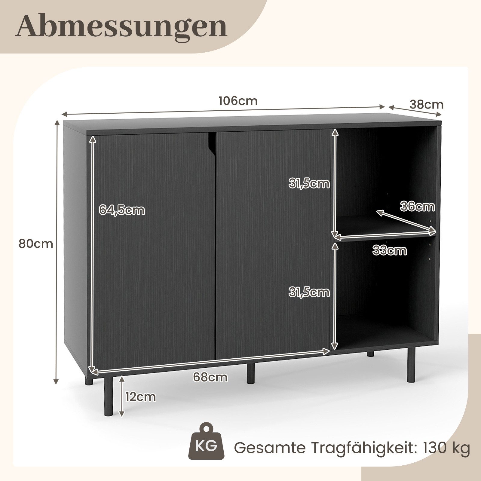 COSTWAY Sideboard Küchenschrank Anrichteschrank, mit verstellbaren Ablagen, 106cm – Bild 5 von 5