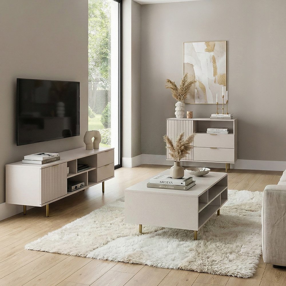 Lomadox Wohnzimmer-Set NADOR-132, (Mega-Spar-Set, 3-St., Couchtisch Lowboard Kommode), Kaschmir mit goldfarbenen Metallgriffen und -füßen, Front Rillenoptik