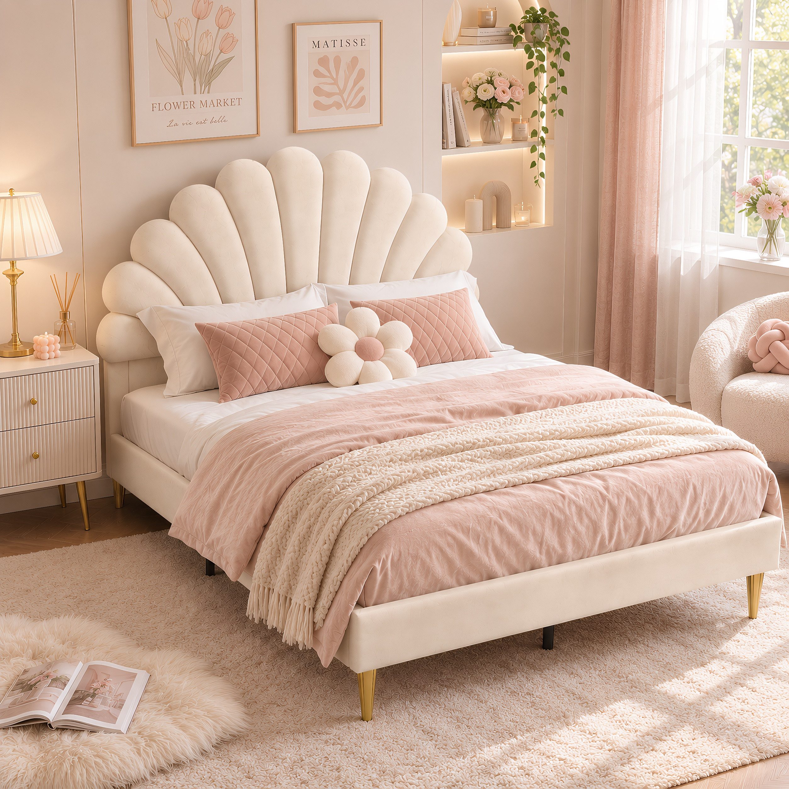 Simurq Polsterbett Kinderbett für Mädchen Jugendbett 140x200 cm Muschelbett Samt (1-tlg), Mädchenbett Doppelbett, mit Blumenform-Kopfteil und Lattenrost